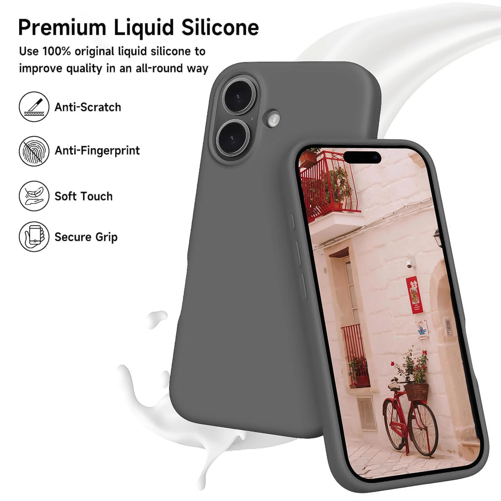 DL3 Mobilak Liquid Silicone Protective Case for iPhone 16+ Plus 6.7-Inch with Microfiber Lining and Shockproof Design - Dark Gray
