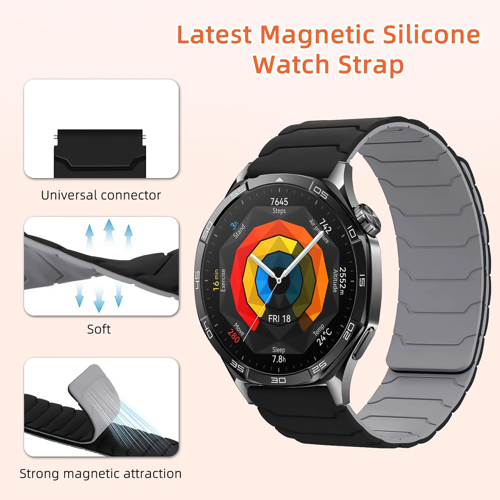 DL3 Mobilak 22mm Silicone Magnetic Strap for Xiaomi Redmi Watch 5 Active/5 Lite/Samsung Galaxy Watch 46mm/Watch 3 45mm/Gear S3/Huawei watch (GT6 GT5 GT4 GT3 GT2 GT 46MM)/GT2E/GT6 Pro/GT 5 Pro/Amazfit GTR4/Bip 6 - Black/gray
