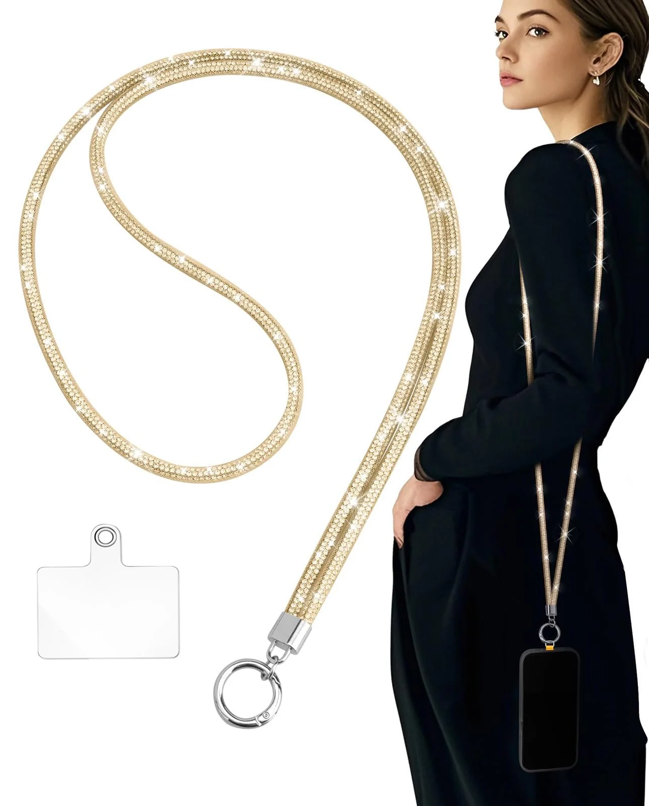 DL3 Mobilak Universal Phone Lanyard Crossbody, Rhinestone Cell Phone Chain Anti-Theft with 1× Shiny Phone Strap, 1× Pad for Most Smartphones, Diamond Phone Neck Holder for Women - A-Gold