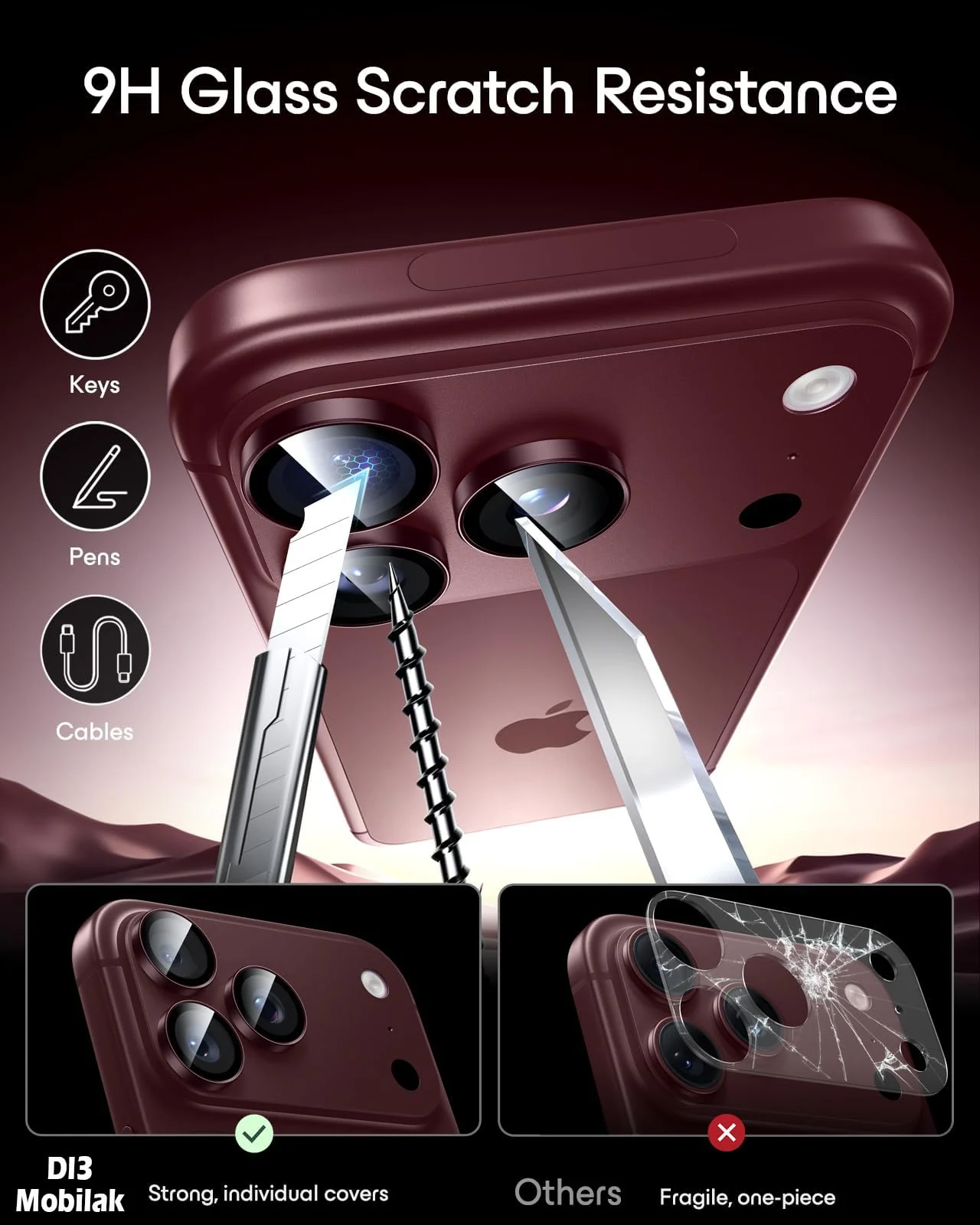 DL3 MOBILAK Individual Ring Camera Lens Protector for Apple iPhone 18 Pro and 18 Pro Max - Burgundy