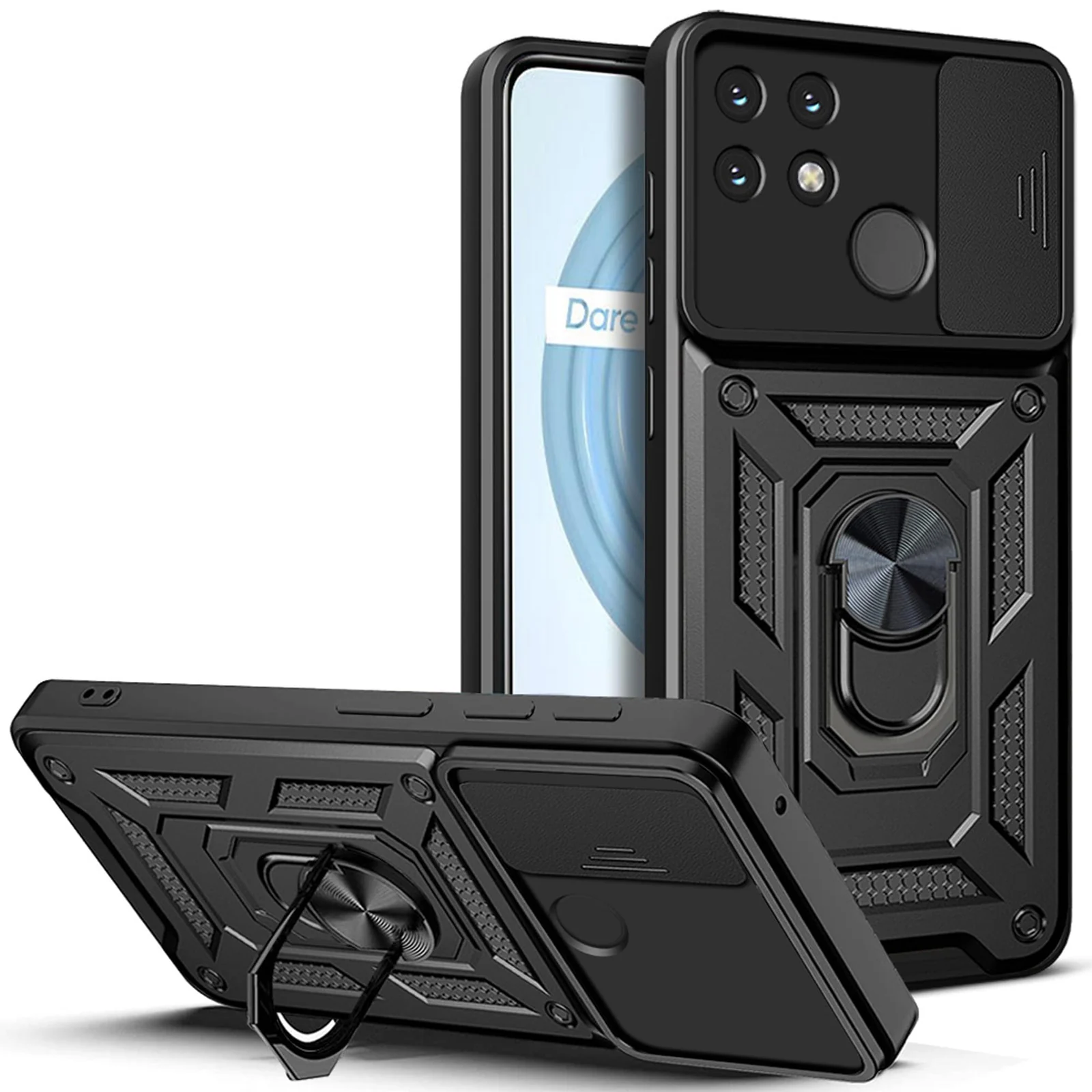 DL3 Mobilak Military-Grade Protective Case with Sliding Camera Cover, Metal Ring Kickstand and Magnetic Car-Mount Support for realme Narzo 50A - Black