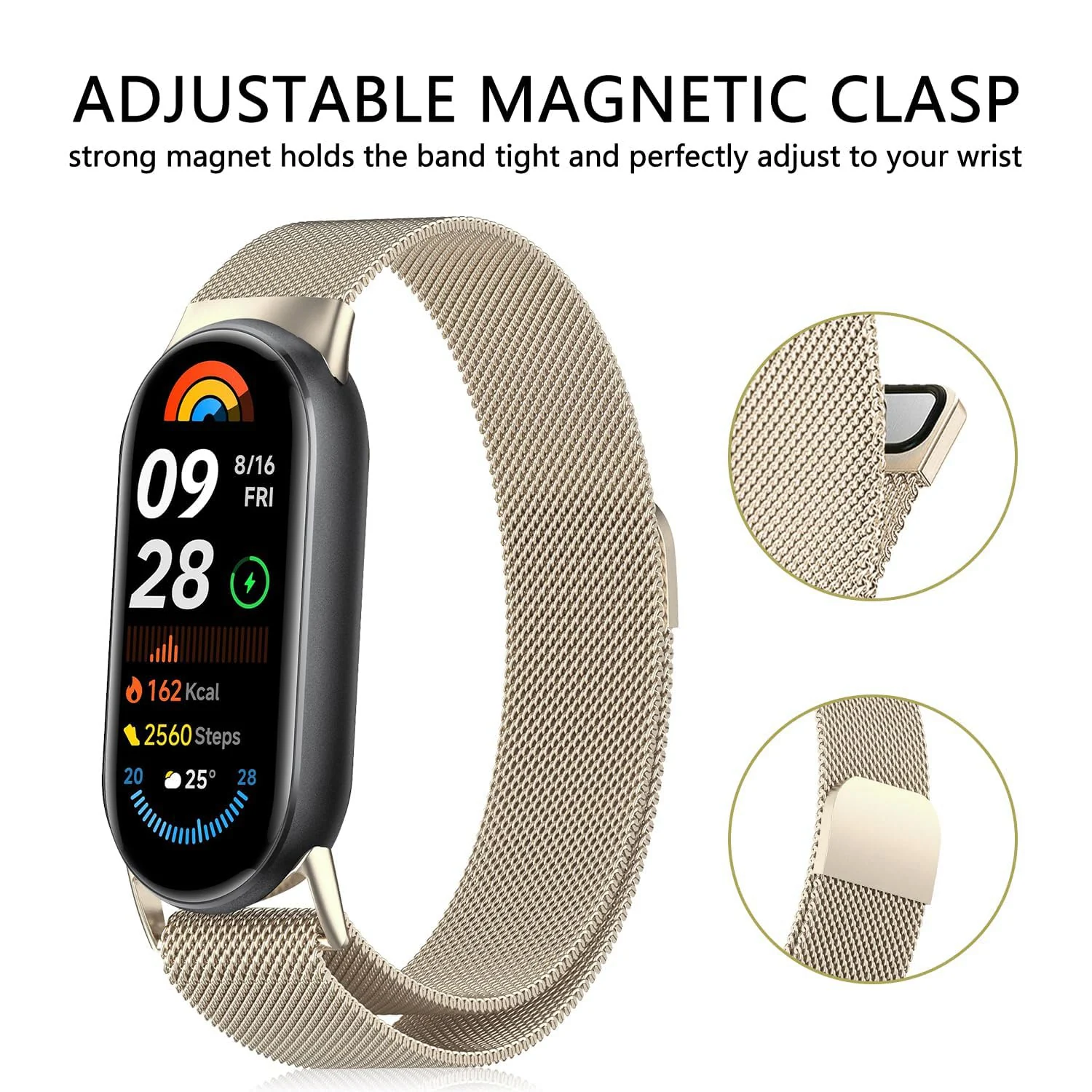 DL3 Mobilak Bracelet Compatible with Xiaomi Mi Band 10/9/8, Stainless Steel Replacement Straps, Mesh Metal Watch Strap, Magnetic Adjustable Replacement Strap For Xiaomi Smart Band 8/9/10 - Champagne