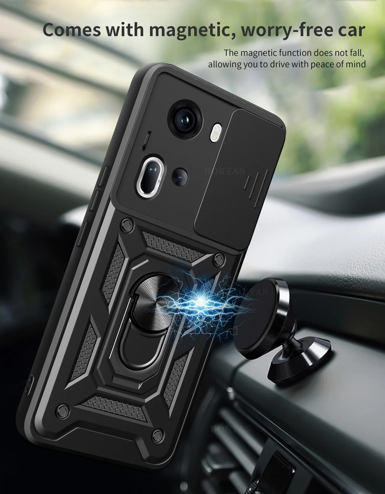 DL3 Mobilak Silicone Protective Case for OPPO Reno 11 5G with Slide Camera, Built-in magnetic car-mount support, Shock-absorbing protection, Built-in kickstand - Black