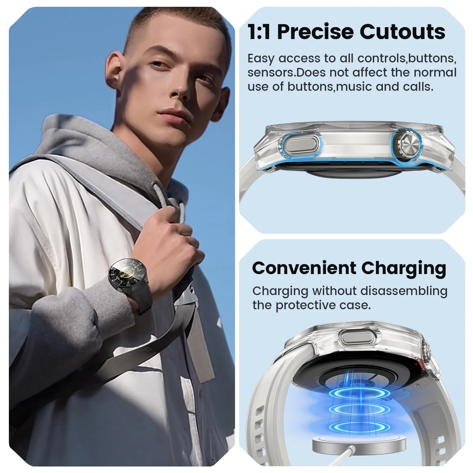 DL3 Mobilak Protective Case for Huawei Watch GT 6 Pro 46mm, Hard PC Bumper Cover with Built-in Tempered Glass Screen Protector Shell Cover Full Coverage with Scale for GT6 Pro 46 mm - Blue