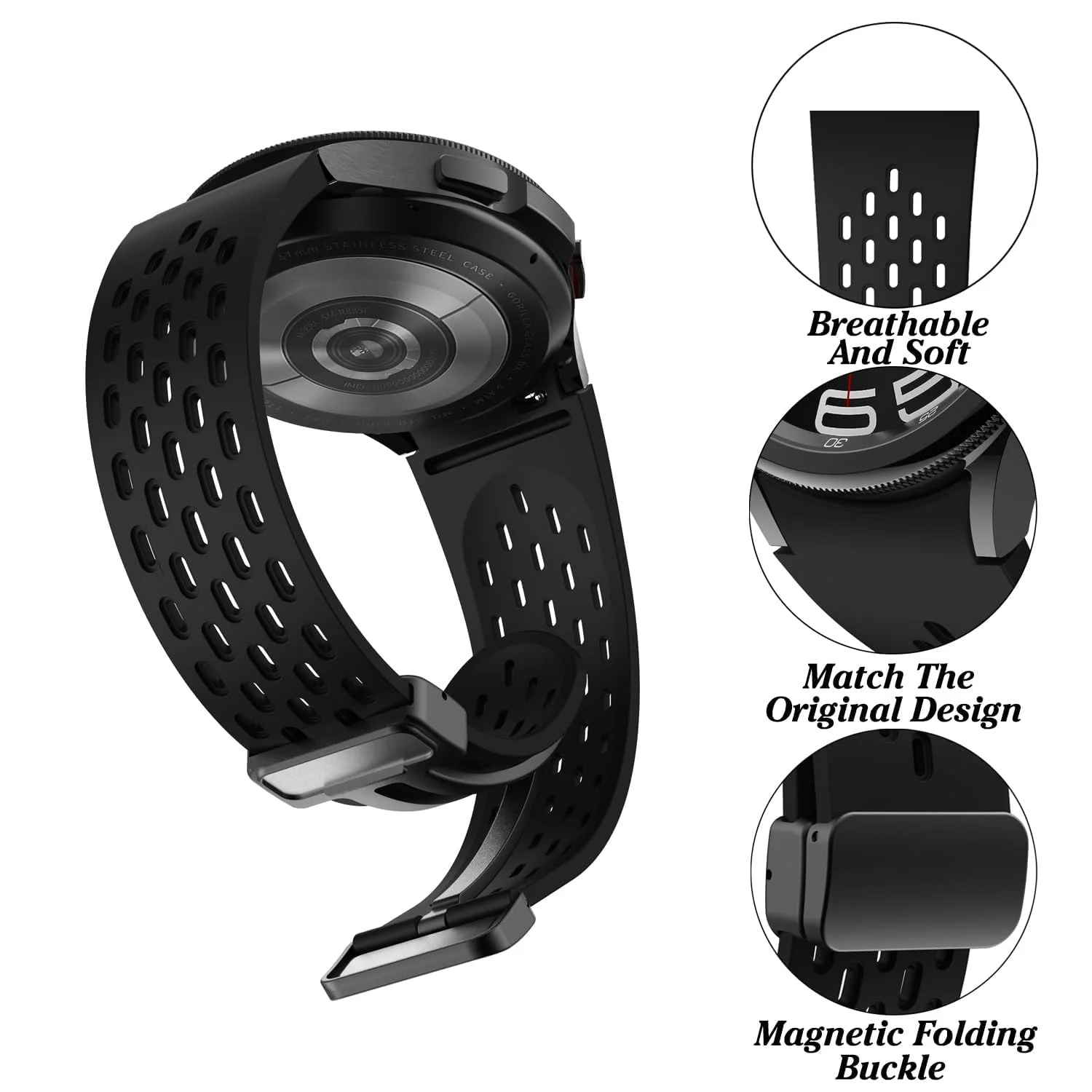 DL3 Mobilak Silicone Band Magnetic Clasp 22MM Strap For Samsung Galaxy Watch 3 45mm/Watch 46mm/Gear S3/Huawei watch GT3 GT4 46MM/Watch 3&4/3&4 Pro/GT2E/GT2 Pro/GT GT2 46MM/Amazfit GTR 2/2e/3/3 Pro/4 - Black