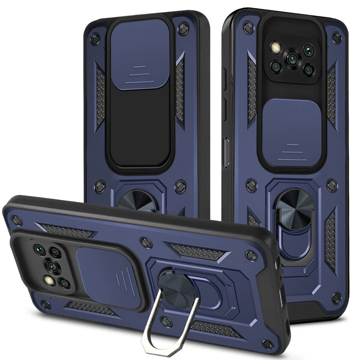 DL3 Mobilak Military-Grade Protective Case with Sliding Camera Cover, Metal Ring Kickstand and Magnetic Car-Mount Support for Xiaomi Poco X3 Pro / Poco X3 NFC / Poco X3 - Blue