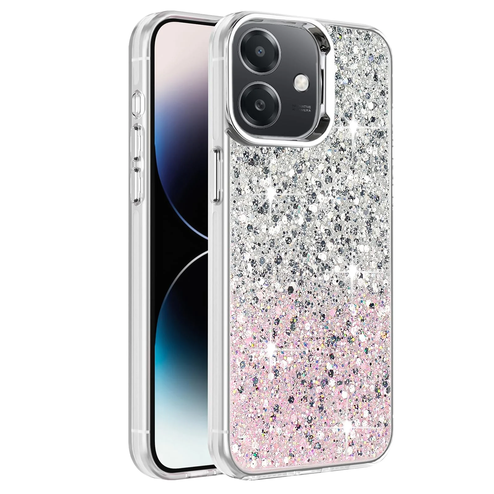 DL3 Mobilak Glitter Protective Case for OPPO A3 / OPPO A3X, Supports wireless charging, Camera protection, Shock-absorbing protection - White Pink