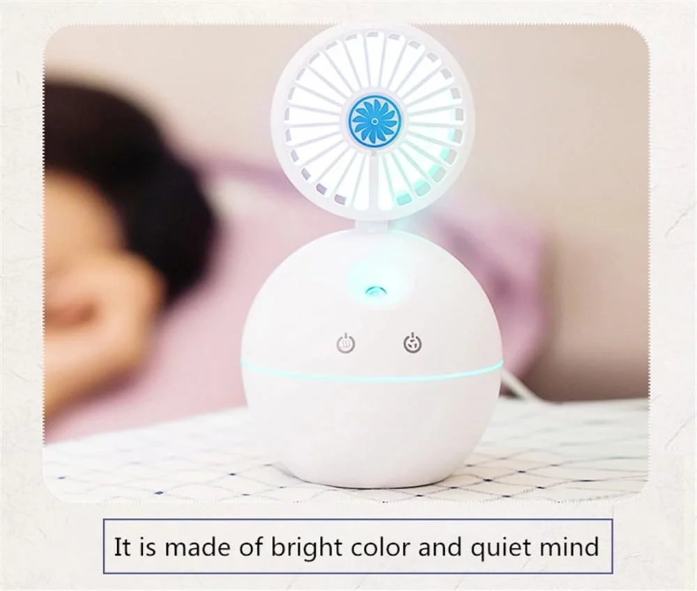 Mobigon Air Humidifier with Fan Portable USB Ultrasonic Essential Oil Aroma Diffuser with 7 Colorful Night Lights for Office Home - white