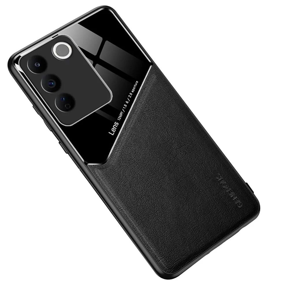 DL3 Mobilak Luxury Case For vivo V27e/vivo S16e, Ultra-Thin Soft TPU Frame, Back Leather Mixed Double+Plexiglass Protective Cover With Built-in Car Magnetic - Black