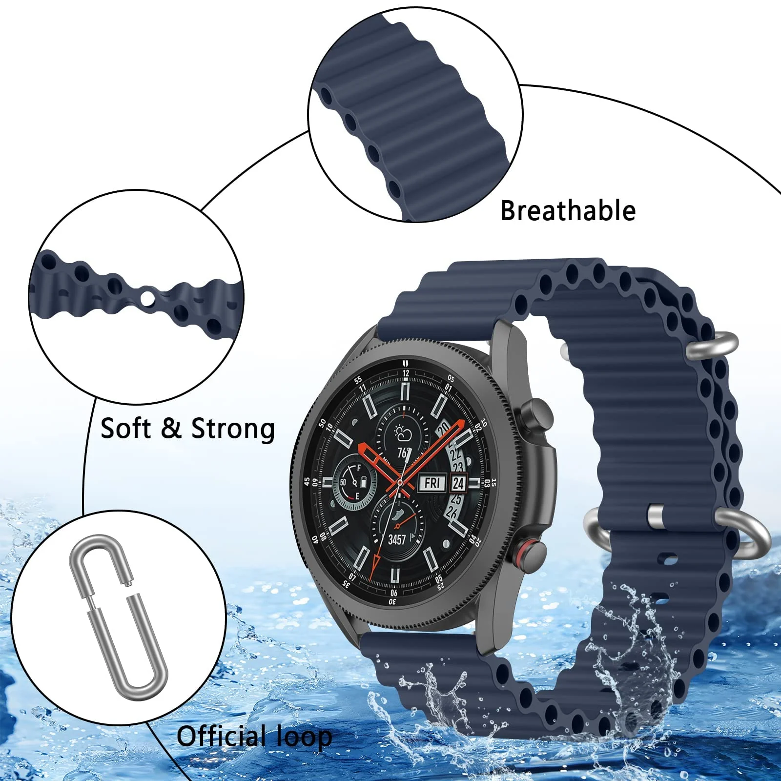 DL3 Mobilak Ocean Bands Silicone 20MM Strap For Samsung Galaxy Watch 7 6 5 4 40mm 44mm/5 Pro 45mm/S2 classic/active 2 40mm 44mm/Amazfi GTS 2/2e/GTS 3/3 Pro/GTS 4/GTS 2 Mini/3 Mini/4 Mini/Bip 3 Pro - Navy Blue