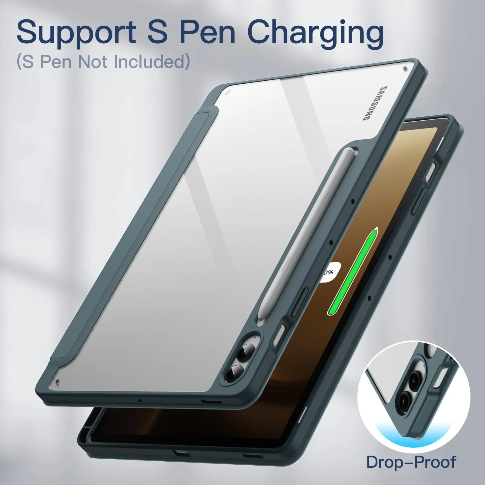 DL3 Mobilak Hybrid Slim Case for Samsung Galaxy Tab S9 FE+ / S9 FE Plus 12.4-Inch with S Pen Holder, Shockproof Cover with Clear Transparent Back Shell, Auto Wake/Sleep - Dark Green