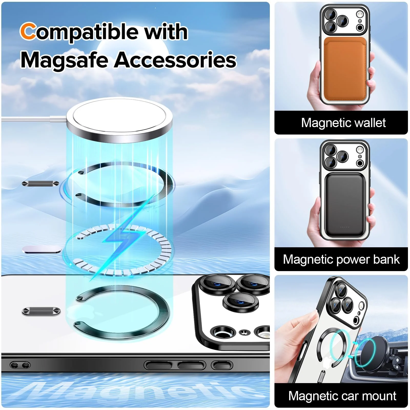 DL3 Mobilak Clear MagSafe-Compatible Magnetic Case for iPhone 17 Pro Max with Camera Protection and Magnetic Car-Mount Support - Black