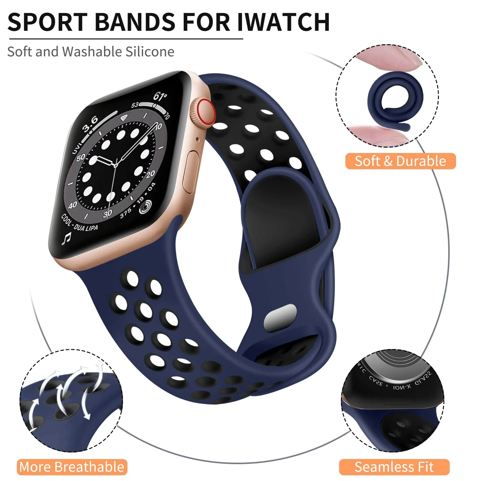 DL3 Mobilak Sport Strap For Apple Watch 49mm 45mm 44mm 42mm 41mm 40mm 38mm, Breathable Silicone Double Hole Band, for iWatch Ultra 2 Series 9 8 7 6 5 4 3 SE (&, 42mm/44mm/45mm/49mm) - Blue & Black