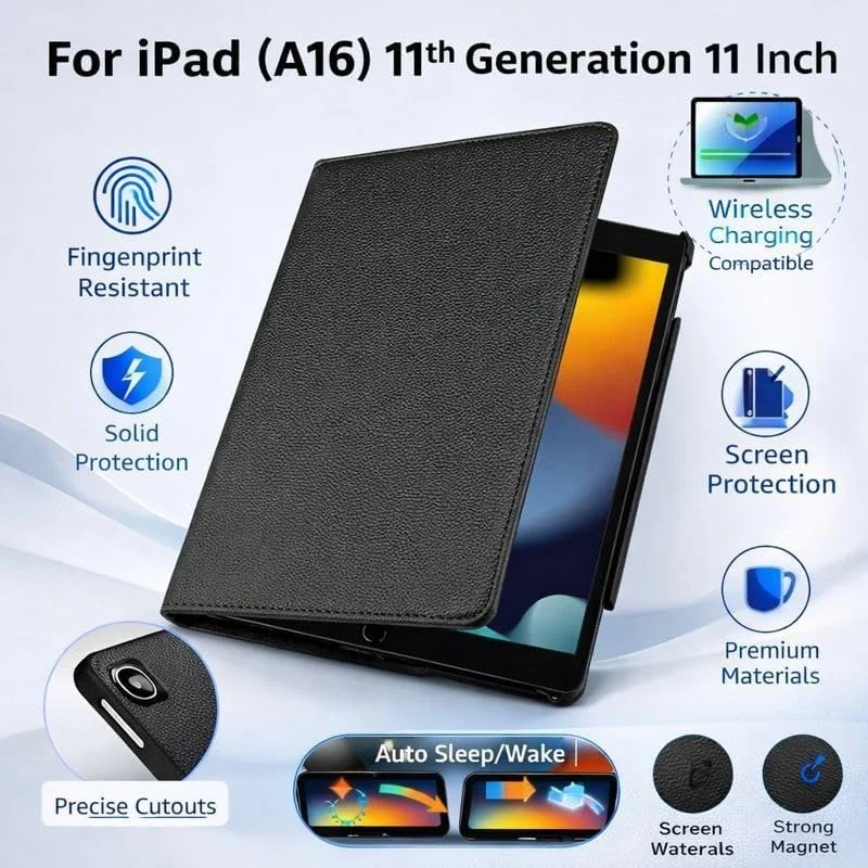 DL3 Mobilak Protective Cover for iPad (A16) 11th/10th Generation (2025/2022), 360° Rotatable Smart Stand, Leather Folio Flip Cover with Multi-Angle Viewing, Auto Wake Sleep - Black