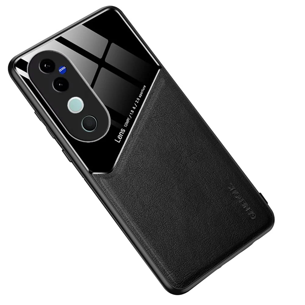 DL3 Mobilak Faux Leather and Plexiglass Protective Case with TPU Frame and Magnetic Car-Mount Support for vivo V40 5G / vivo V40 Pro 5G / vivo S19 Pro - Black