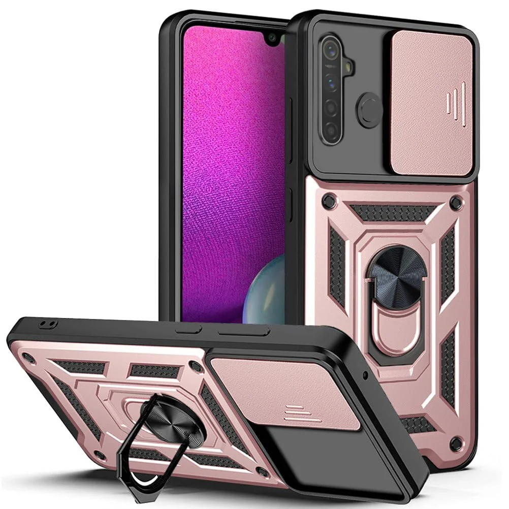 Dl3 Mobilak Case for Realme 5 Pro with Slide Camera Cover, Military Grade Shockproof Protective Cover with Rotatable Metal Ring Kickstand [Support Magnetic Car Mount] (Black)