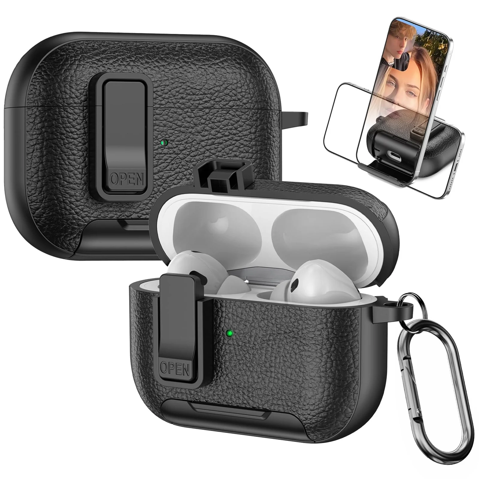 Mobigon for AirPods Pro 2nd / 1st Leather Case with Secure Lock Clip, Support Wireless Charge, Stand and Charging Port Dustproof Design with Carabiner for AirPods Pro 1/2