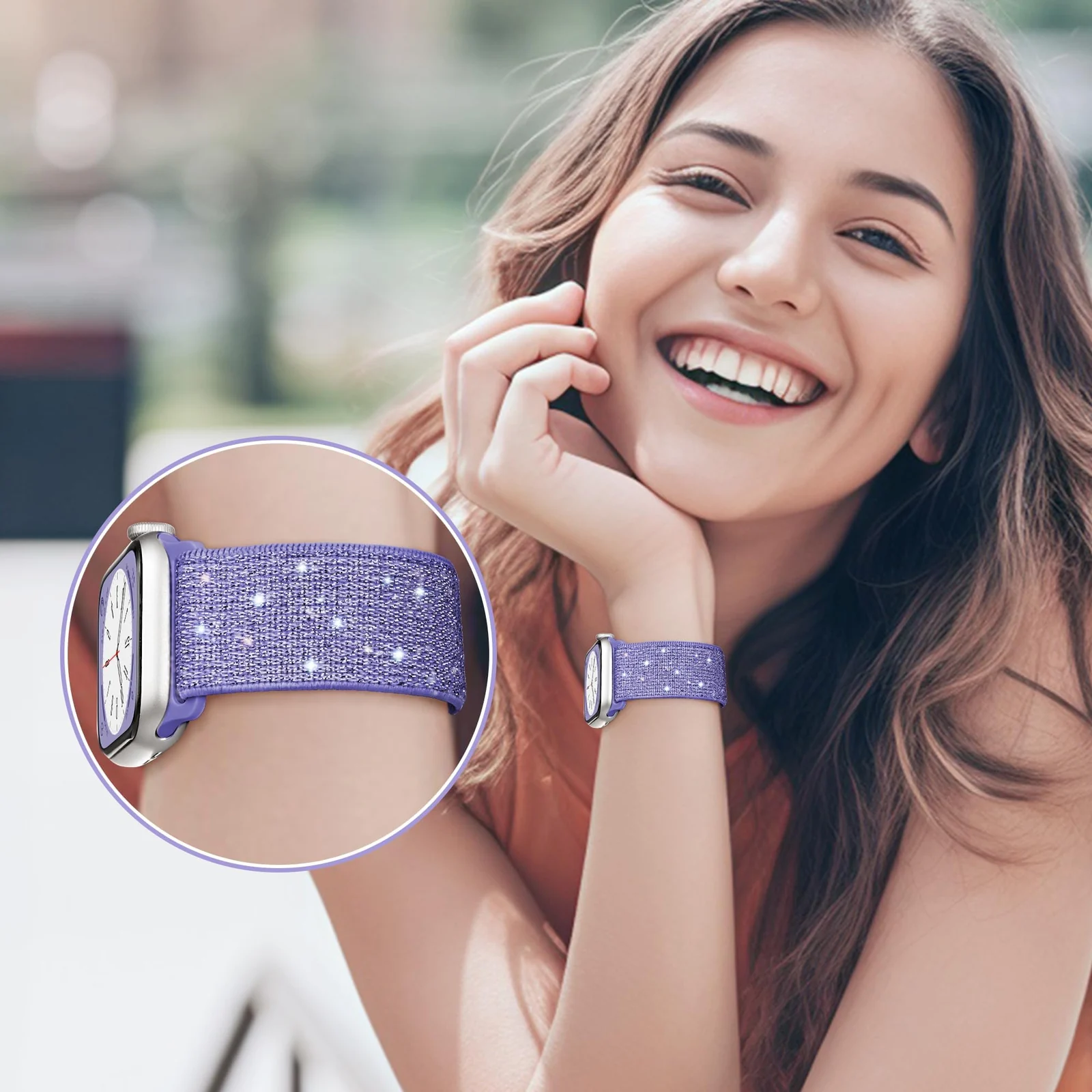 DL3 Mobilak Stretchy Bling Band For Apple Watch 49mm 46mm 45mm 44mm 42mm Women, Nylon Sparkly Strap Solo Loop Glitter Wristband for iWatch Series 11 10 9 8 7 6 5 4 SE3 SE2 SE Ultra 3 2 1 - Light Purple
