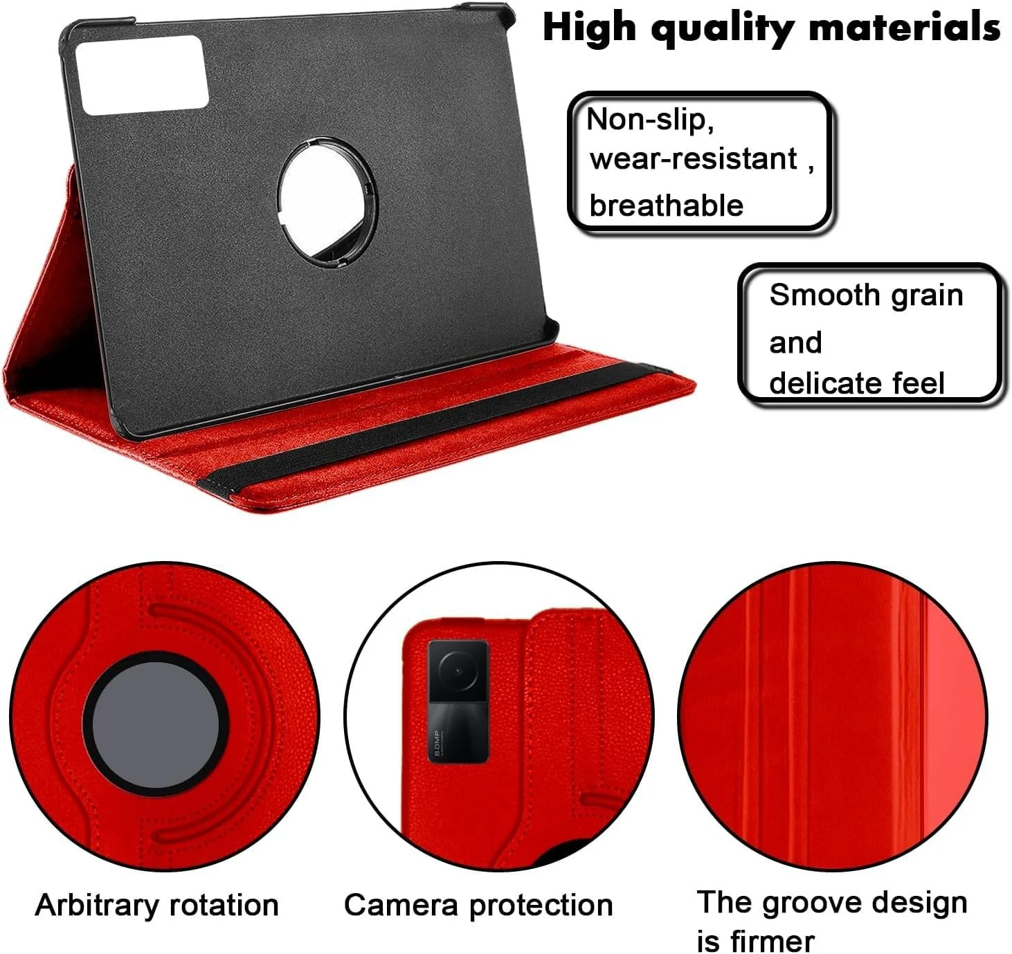 DL3 Mobilak Protective Cover for Xiaomi Redmi Pad SE 11 inch (2023), 360° Rotatable Smart Stand, Leather Folio Flip Cover with Multi-Angle Viewing, Auto Wake Sleep - Red