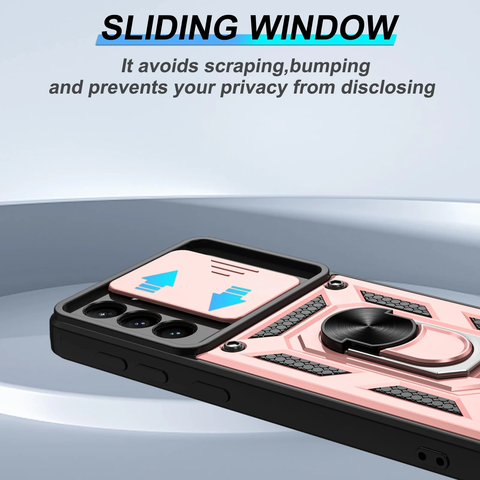 DL3 Mobilak Case for Samsung S21 PLUS with Slide Camera Cover, Military Grade Shockproof Protective Cover with Rotatable Metal Ring Kickstand [Support Magnetic Car Mount] - Rose Gold