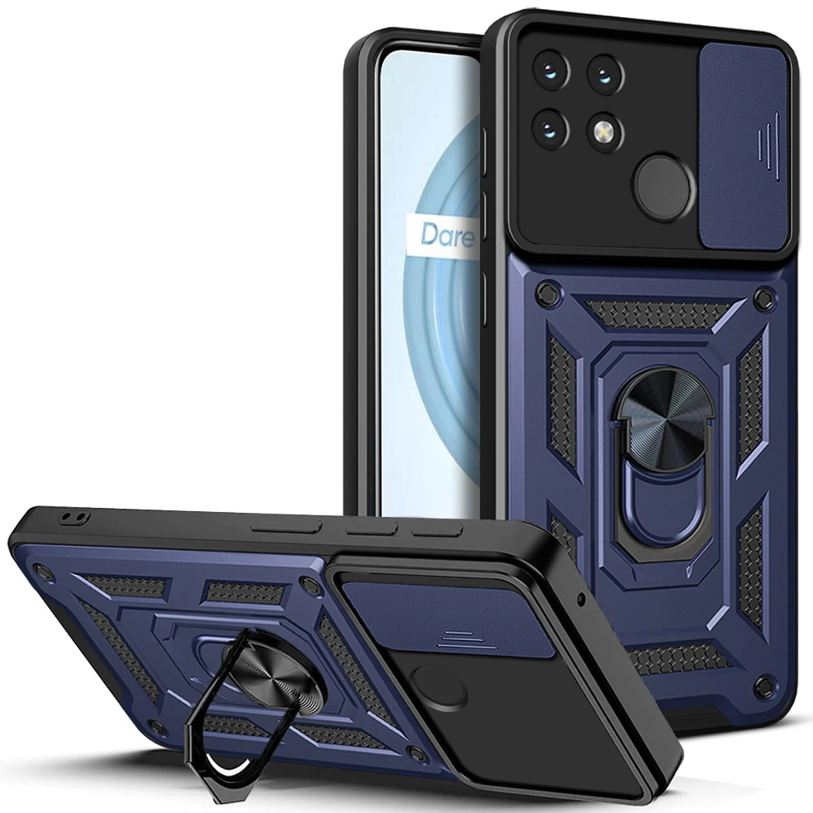 DL3 Mobilak Military-Grade Protective Case with Sliding Camera Cover, Metal Ring Kickstand and Magnetic Car-Mount Support for realme Narzo 50A - Blue