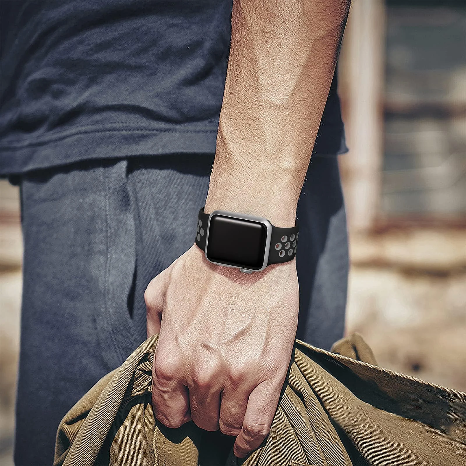 DL3 Mobilak Sport Strap For Apple Watch 49mm 45mm 44mm 42mm 41mm 40mm 38mm, Breathable Silicone Double Hole Band, for iWatch Ultra 2 Series 9 8 7 6 5 4 3 SE (&, 42mm/44mm/45mm/49mm) - Black & Grey