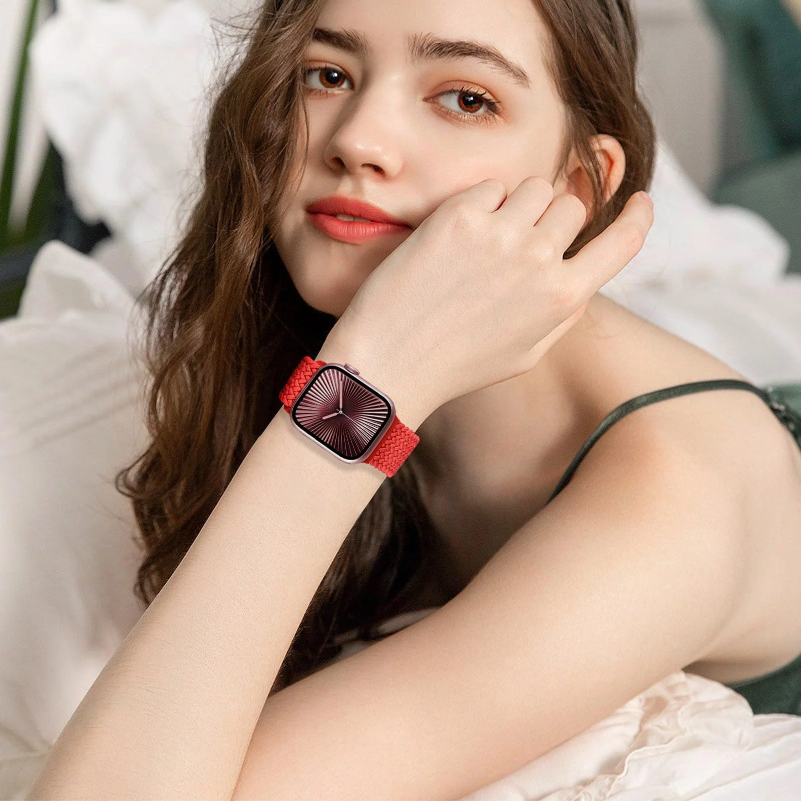 DL3 Mobilak Braided Bracelet Compatible with Redmi Watch 4/5 / 6 / Xiaomi Smart Band 8 Pro/Band 9 Pro, Nylon Magnetic Fabric Elastic Sport Nylon Replacement Strap for Men Women - Red