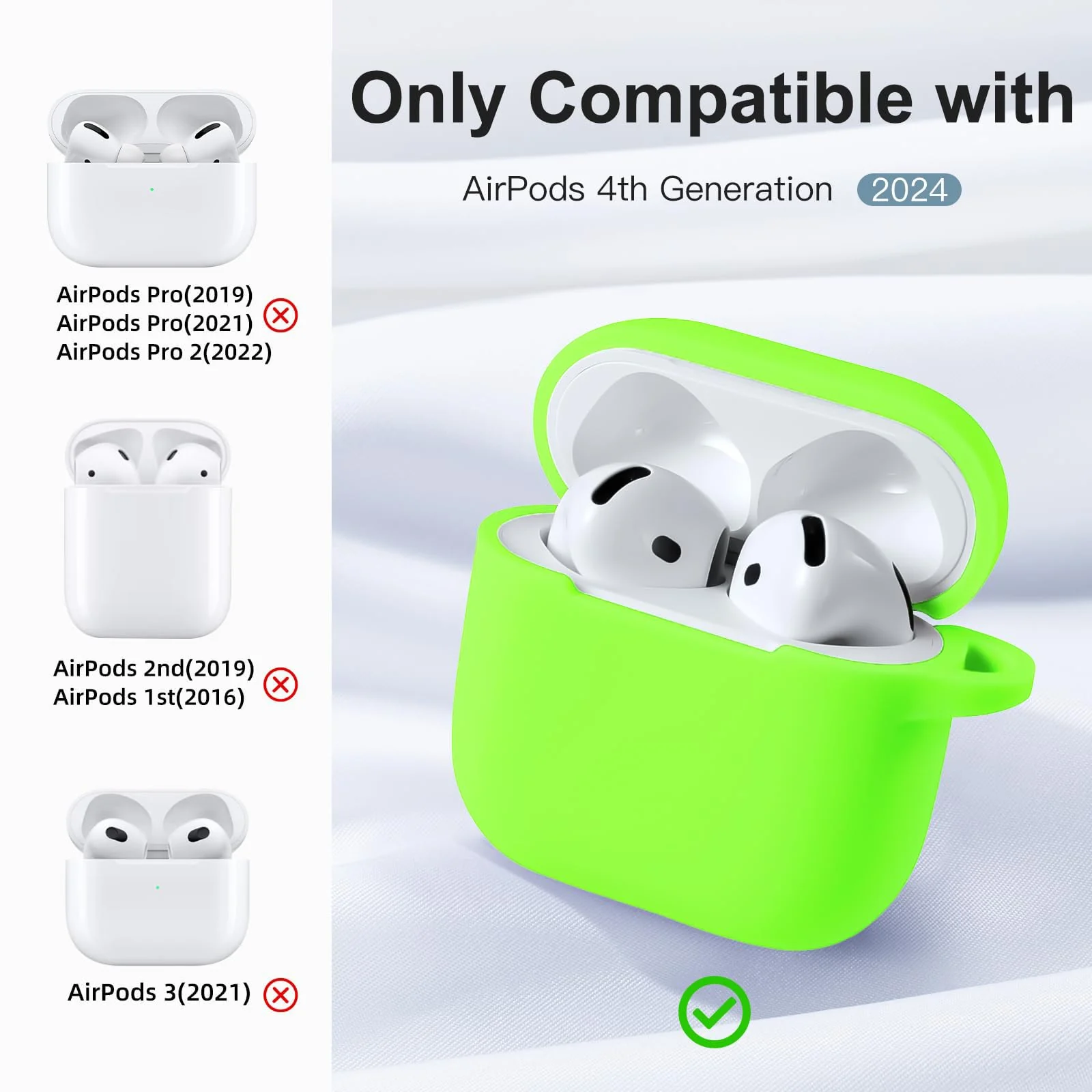 DL3 Mobilak Compatible with AirPods 4 Case (2024), Soft Silicone Full Protective Case Cover with Keychain, For Apple AirPods 4th Generation for Women Men - Neon Green