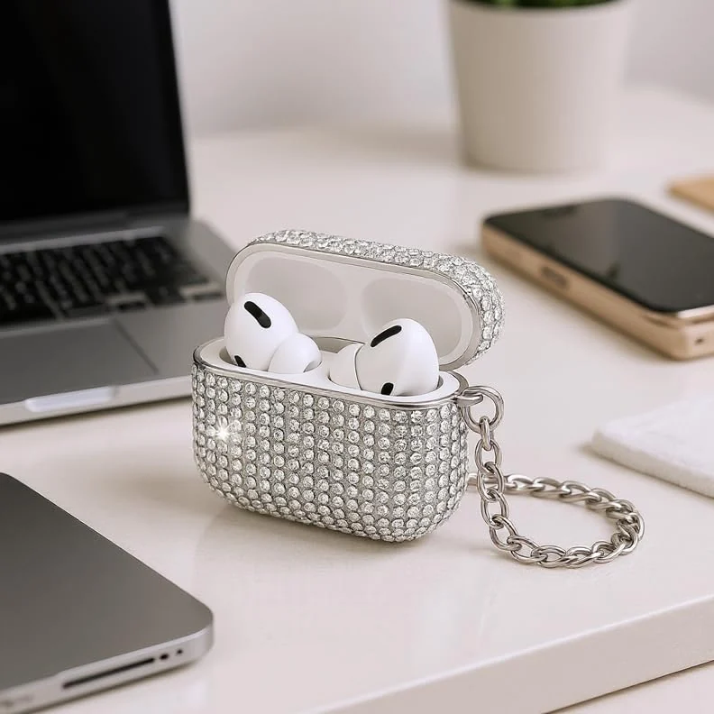 DL3 Mobilak Luxury Rhinestone Case Compatible with AirPods Pro 1/2 (Compatible with AirPods Pro 2nd/1st), Sparkling Glitter Protective Cover with Detachable Metal Hand Chain - Silver