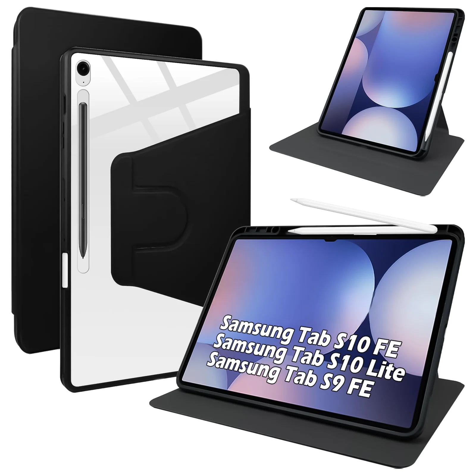 DL3 Mobilak Case for Samsung Galaxy Tab S10 Lite/S10 FE/S9 FE 10.9-Inch/S9 11-Inch, 360° Rotation Multi-angle Stand Slim Cover PU leather + Transparent Acrylic case with Pen Holder Auto Wake/Sleep - Black