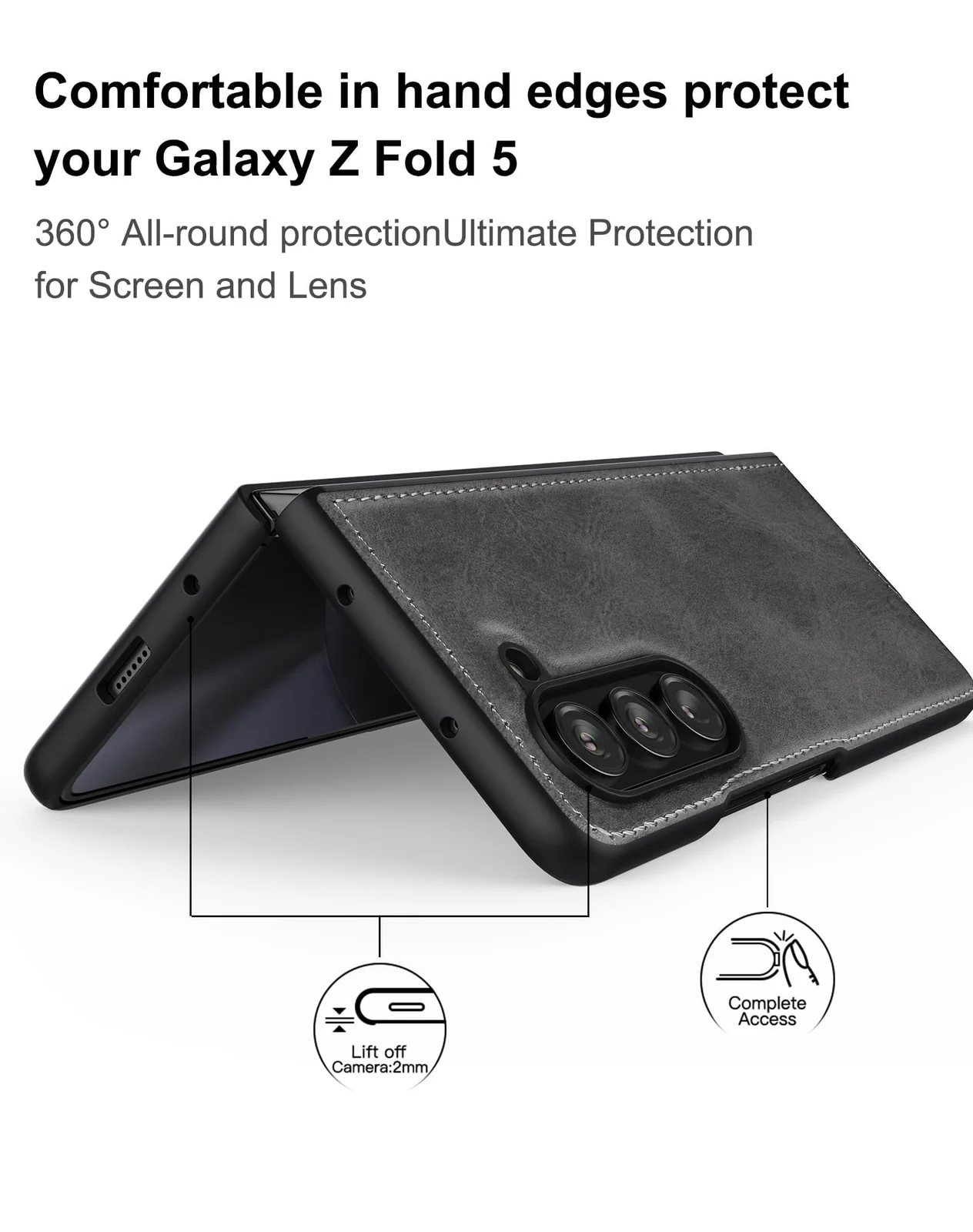 DL3 Mobilak Leather Protective Case for Samsung Galaxy Z Fold 5, Supports wireless charging, Hands-free phone support, Slim, lightweight profile - Gray