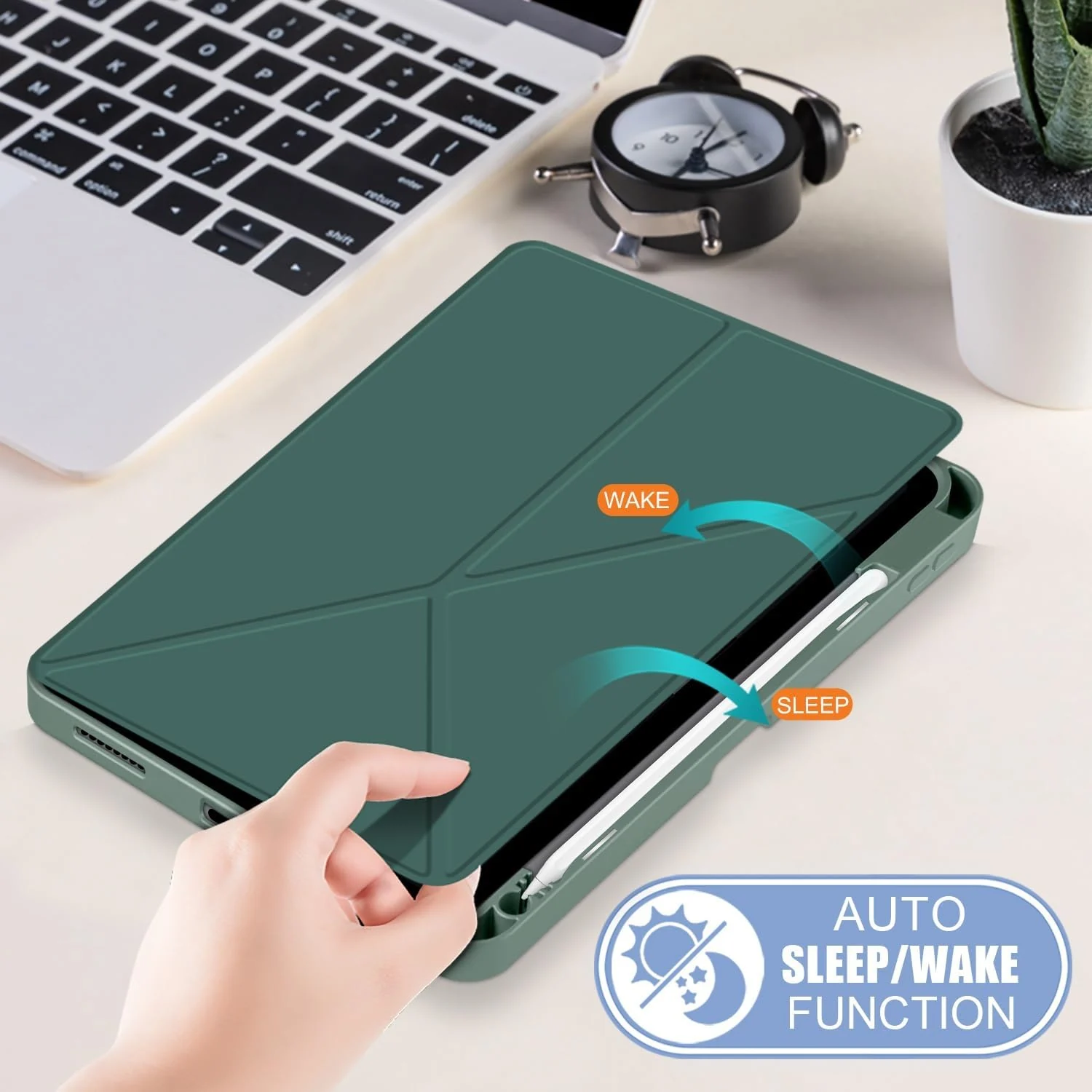 DL3 Mobilak Compatible with iPad 10.2-Inch (9th/8th/7th Generation, 2021/2020/2019) Case, Smart Stand, Pencil Holder, Shockproof Slim Lightweight Leather Cover, Modern Abstract Design - Green