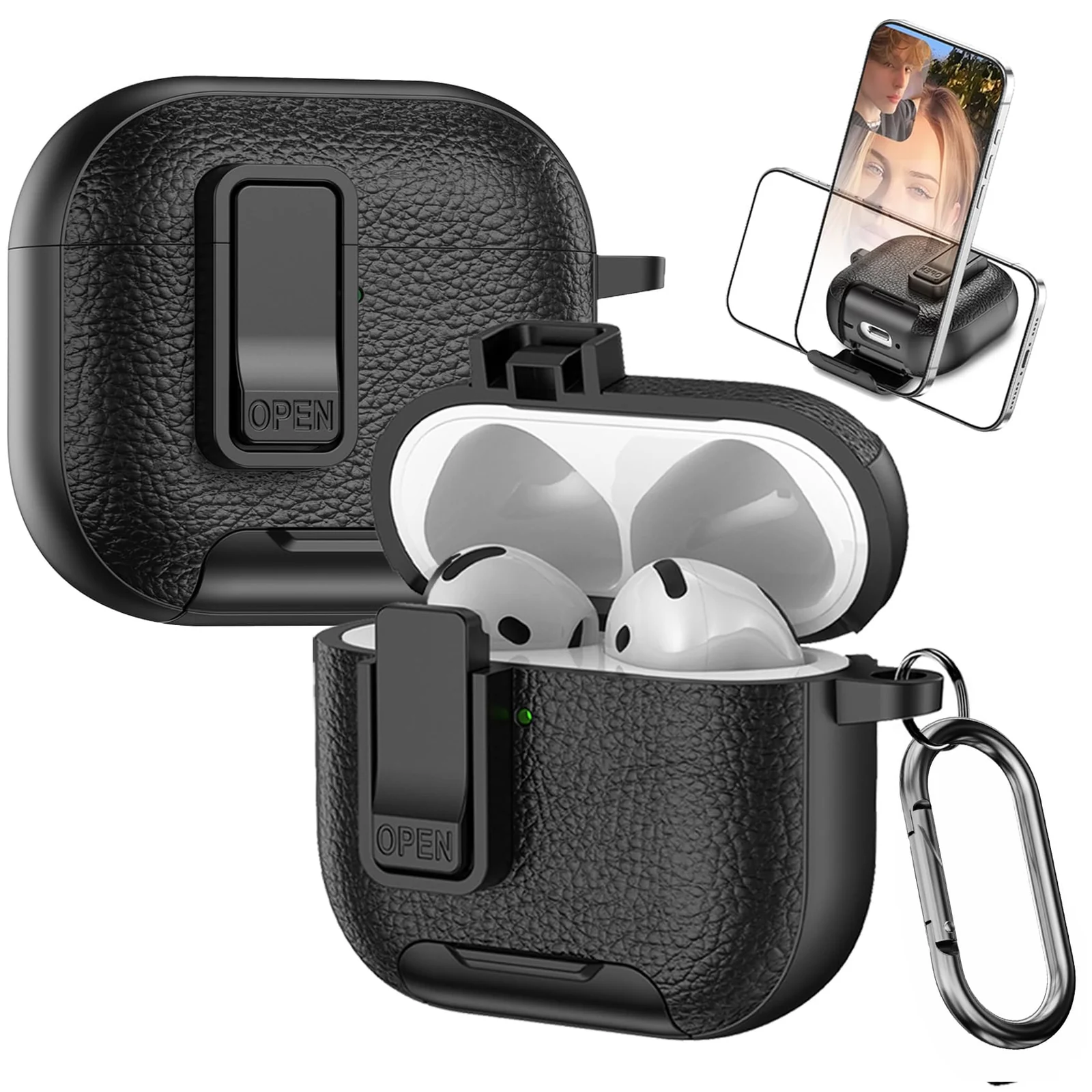 Mobigon for Apple AirPods 3 Leather Case with Secure Lock Clip, Support Wireless Charge, Stand and Charging Port Dustproof Design with Carabiner for AirPods 3