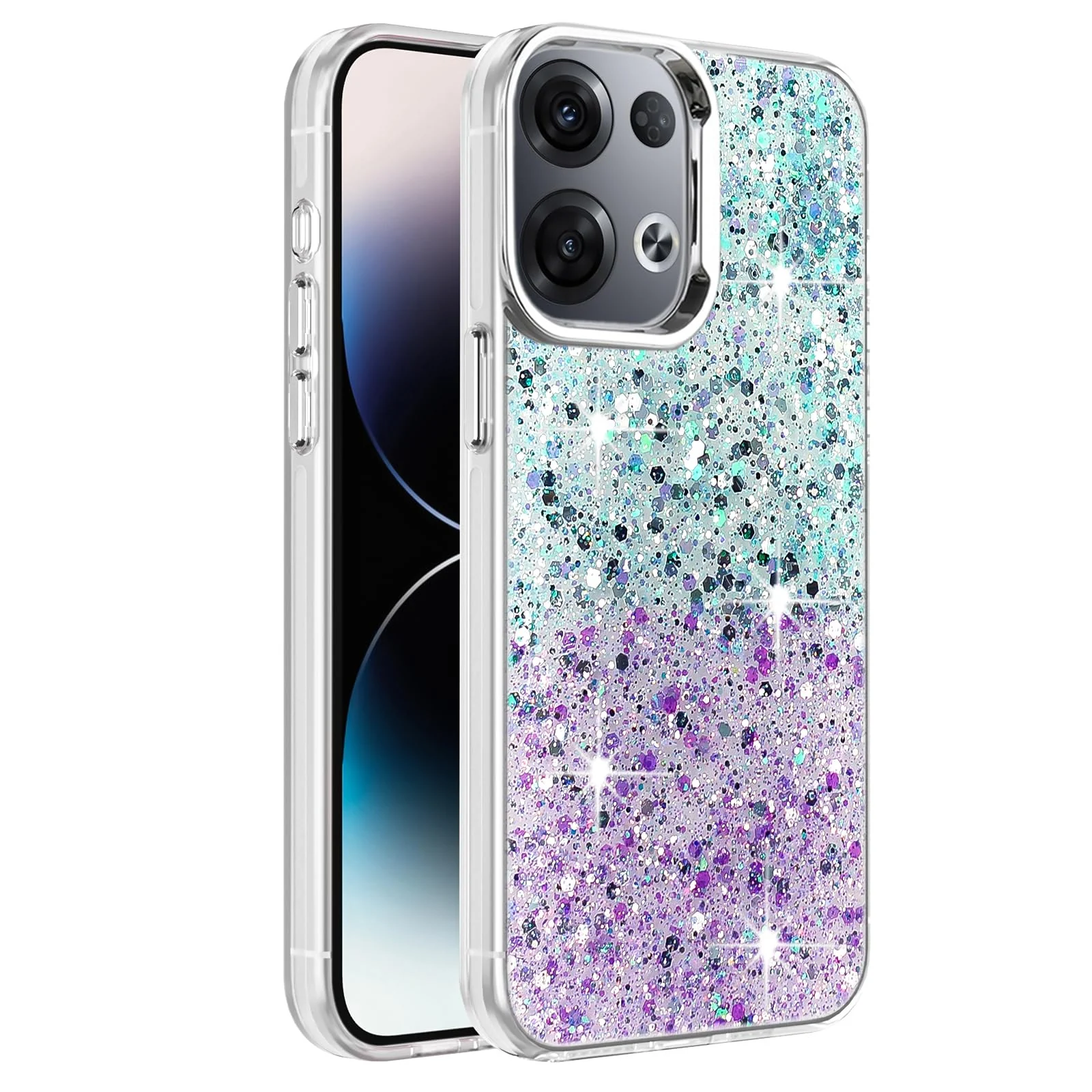 DL3 Mobilak Glitter Protective Case for OPPO Reno 8 Pro 5G / Reno8 Pro + Plus 5G, Supports wireless charging, Camera protection, Shock-absorbing protection - Green Purple