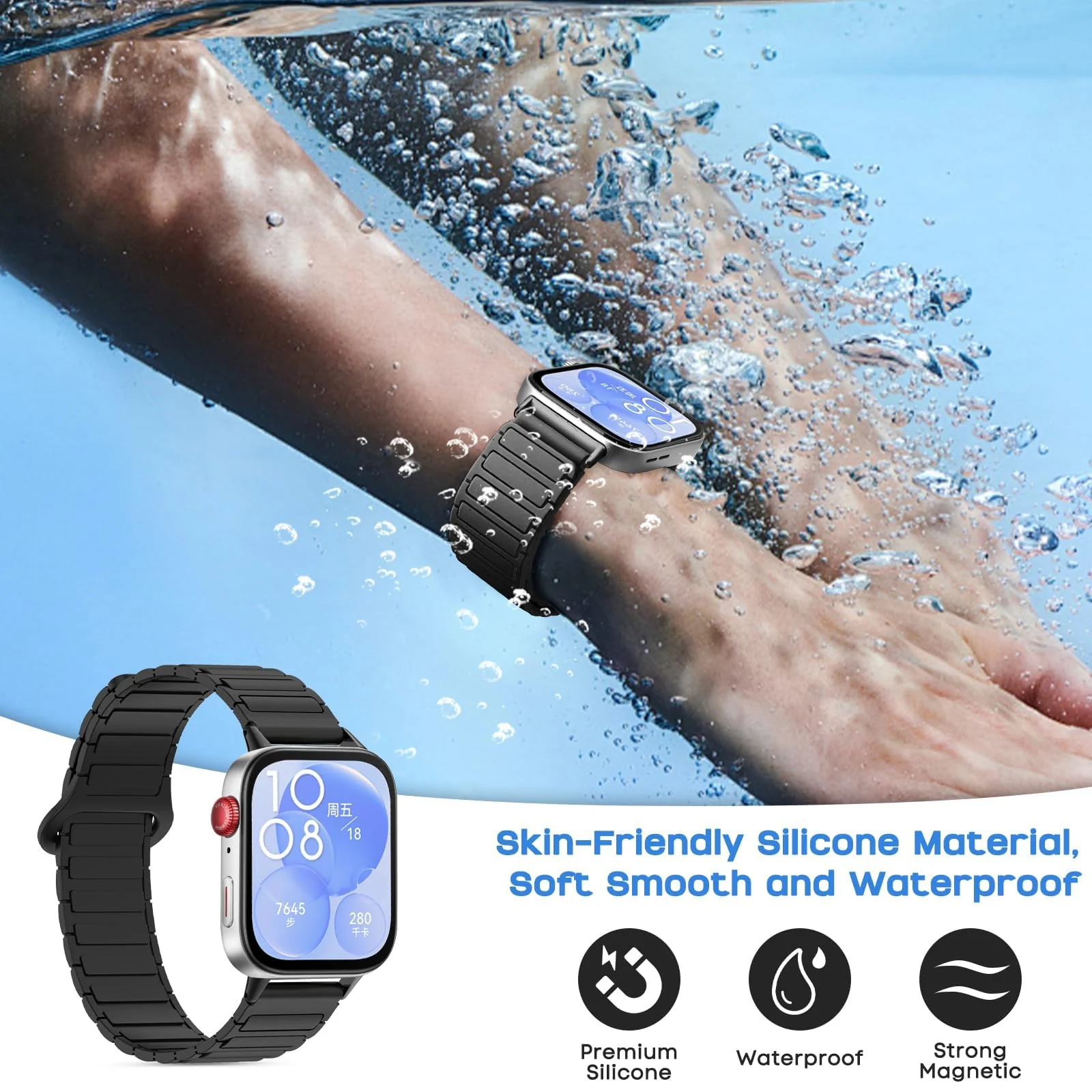 DL3 Mobilak Magnetic Strap for Huawei Watch Fit 4 Pro/Fit4/Fit 3 Replacement Straps Strong Silicone, Easy to Wear, Waterproof, Sporty, Daily Wear Watchbands for Men and Women - Black
