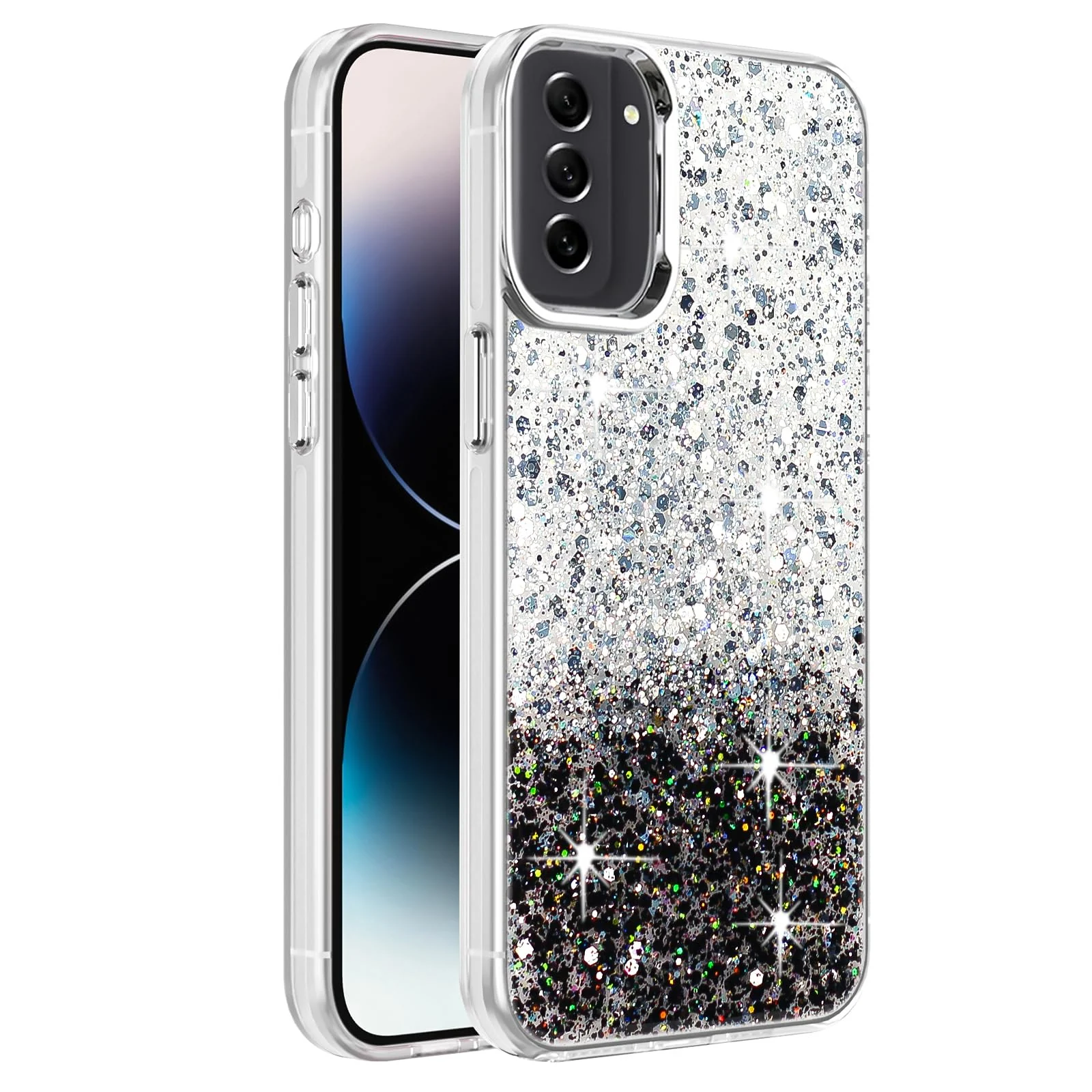 DL3 Mobilak Glitter Protective Case for Samsung Galaxy S22 5G, Supports wireless charging, Camera protection, Shock-absorbing protection - White Black