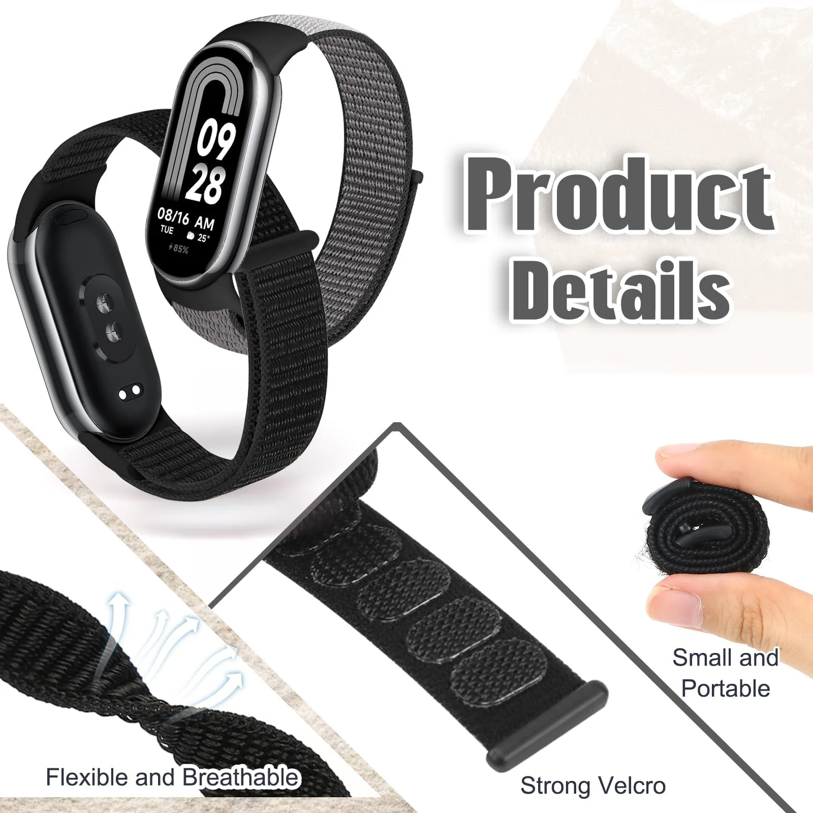 DL3 Mobilak Nylon Sport Band Compatible with Xiaomi Mi Band 10/9/8 for Women Men, Soft Adjustable Breathable Sport Loop Watch Strap Replacement Wristband for Xiaomi Smart Band 8/9/10 - Iron Gray