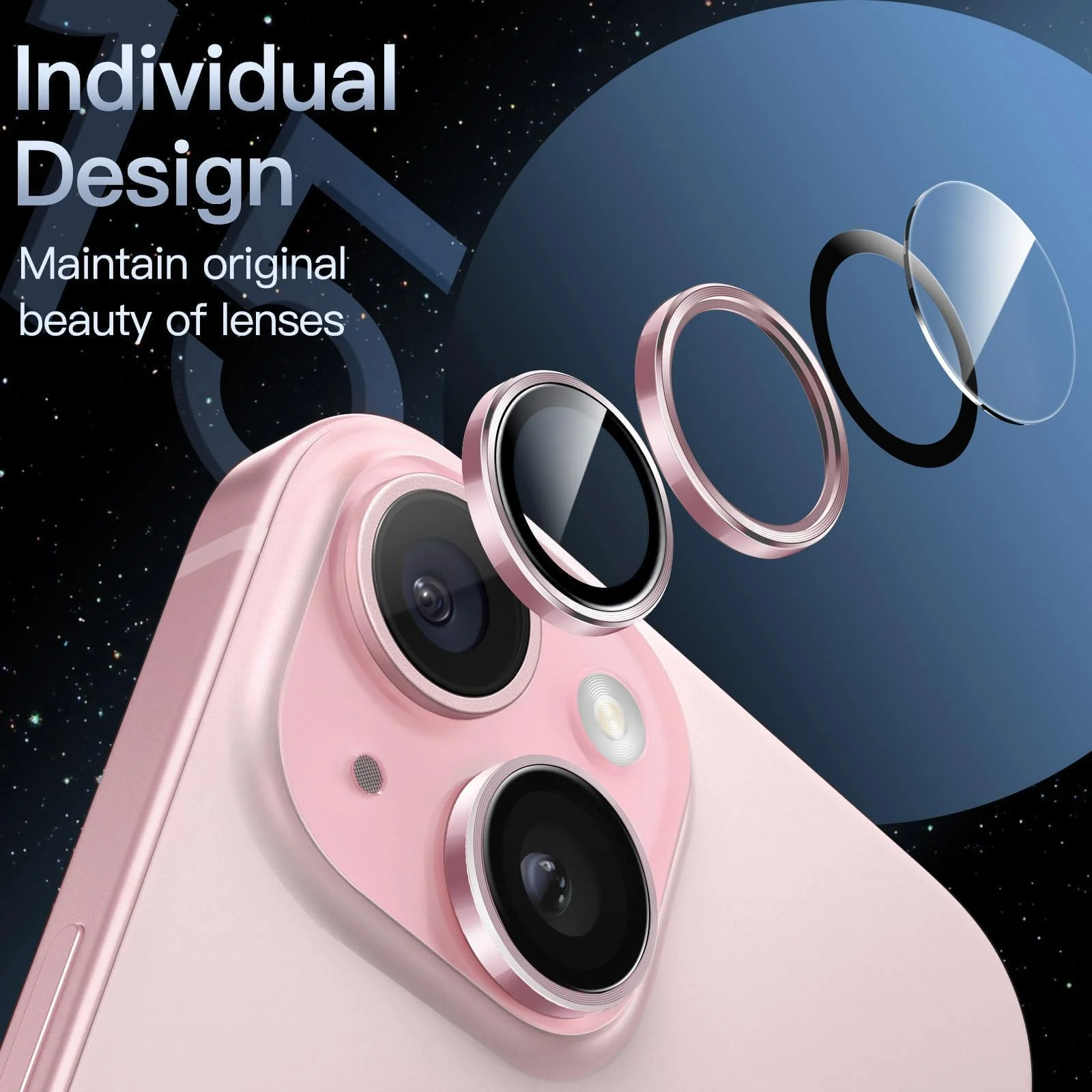 DL3 Mobilak Compatible with iPhone 15/15 Plus & iPhone 14/14 Plus Camera Lens Protector, Anti-Scratch HD Tempered Glass Lens Screen Protection Cover, Metal Individual Lens Ring - Pink