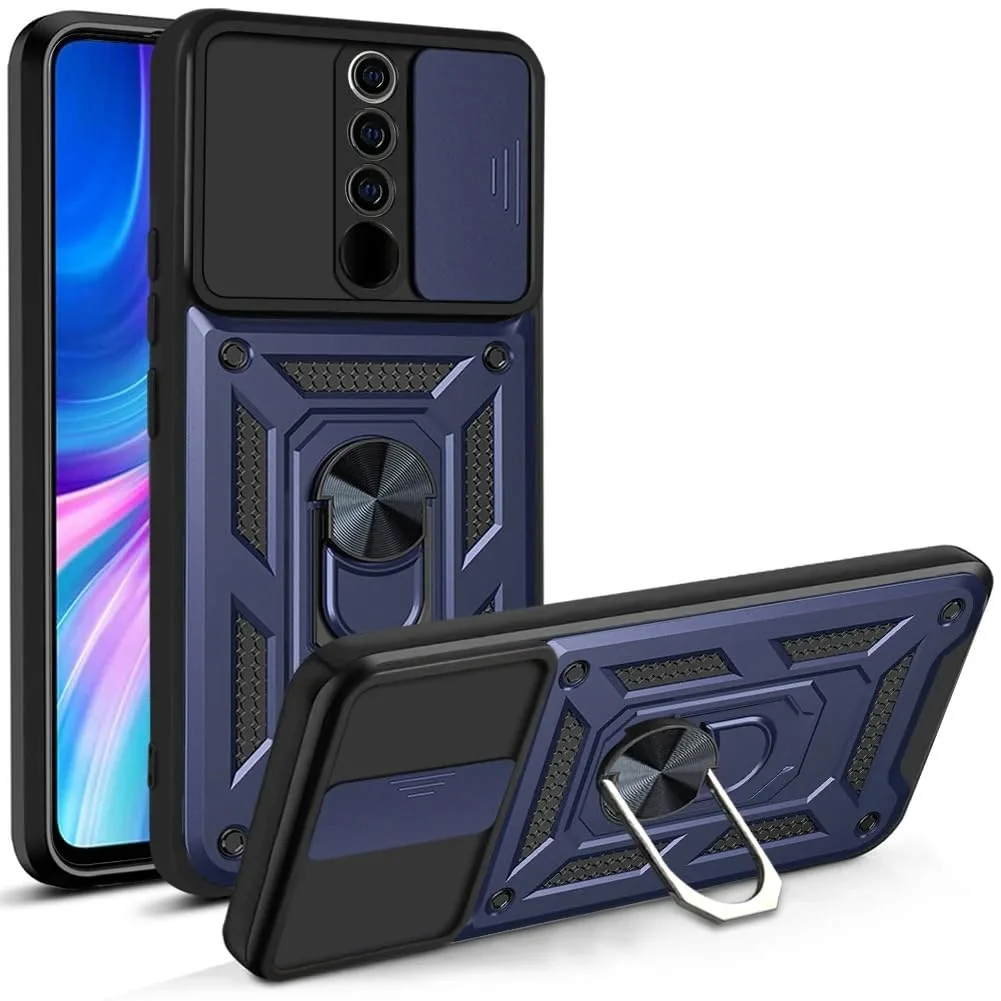 DL3 Mobilak Military-Grade Protective Case with Sliding Camera Cover, Metal Ring Kickstand and Magnetic Car-Mount Support for Xiaomi Redmi Note 8 Pro - Blue