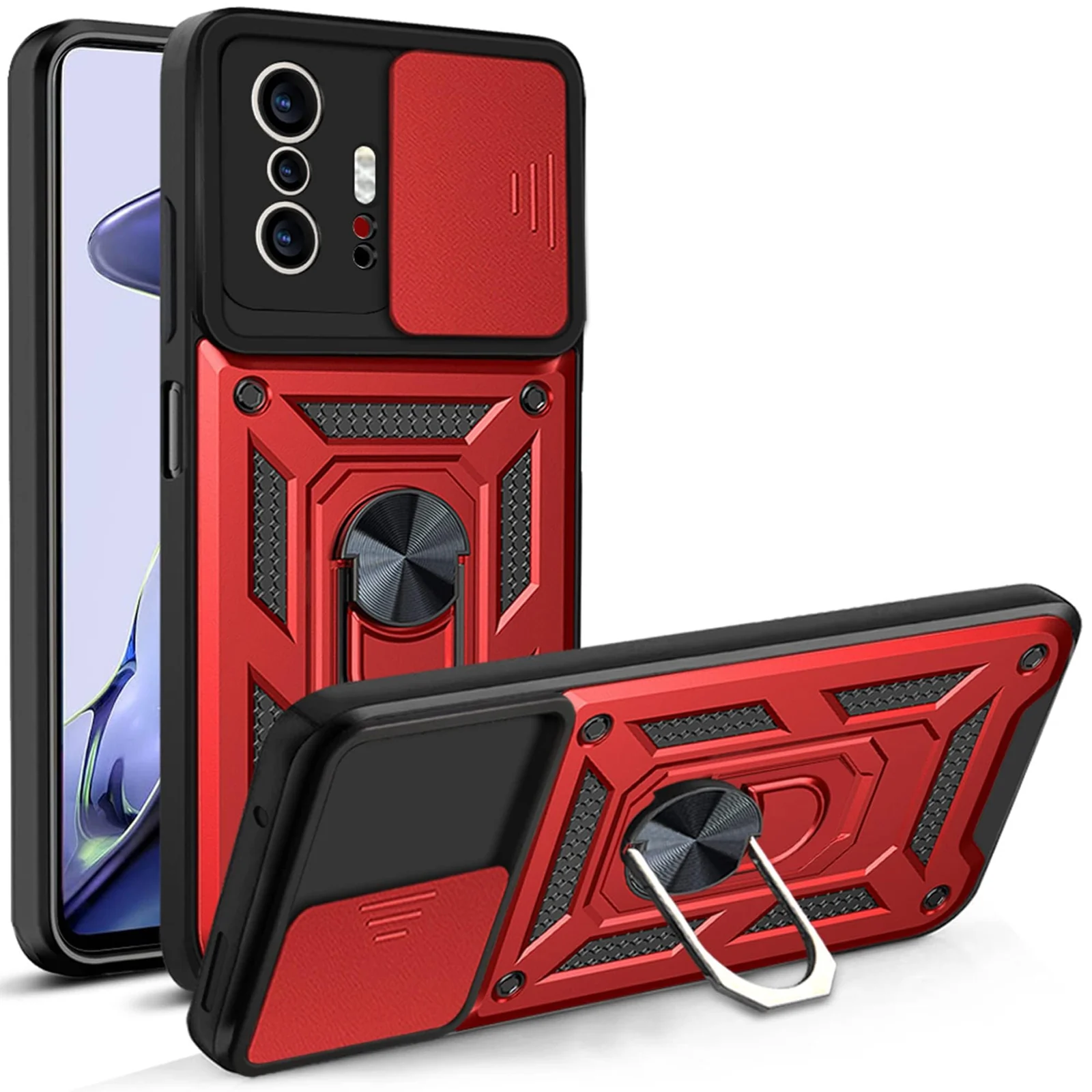 DL3 Mobilak Military-Grade Protective Case with Sliding Camera Cover, Metal Ring Kickstand and Magnetic Car-Mount Support for Xiaomi 11T / Xiaomi 11 T Pro - Red