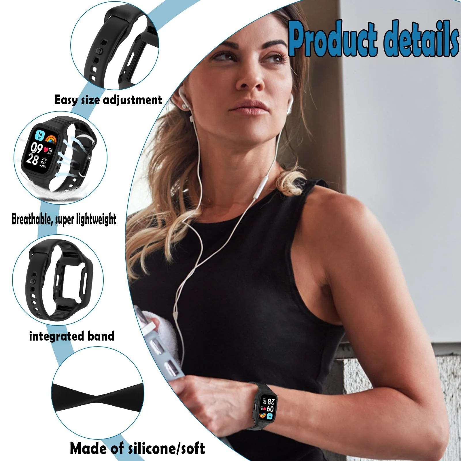 DL3 Mobilak Strap With Cover Compatible with Xiaomi Redmi Watch 3 Lite/Redmi Watch 3 Active, Silicone Sport Band Replacement Watchband with Bumper Case, Adjustable Wristband - Black