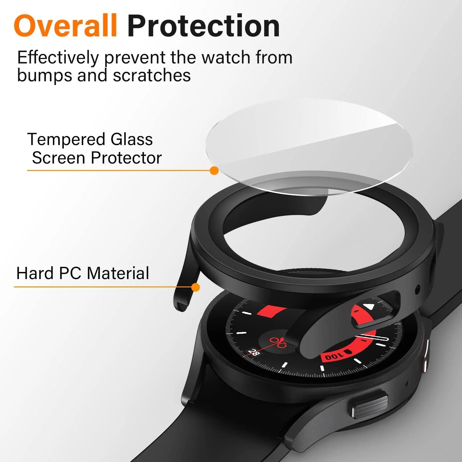 DL3 Mobilak Protective Case Compatible with Samsung Galaxy Watch 5 Pro 45mm 9H Hardness PC Case Bumper Full Slim Protective Cover with Tempered Glass For Samsung Galaxy Watch5 Pro 45mm - Black