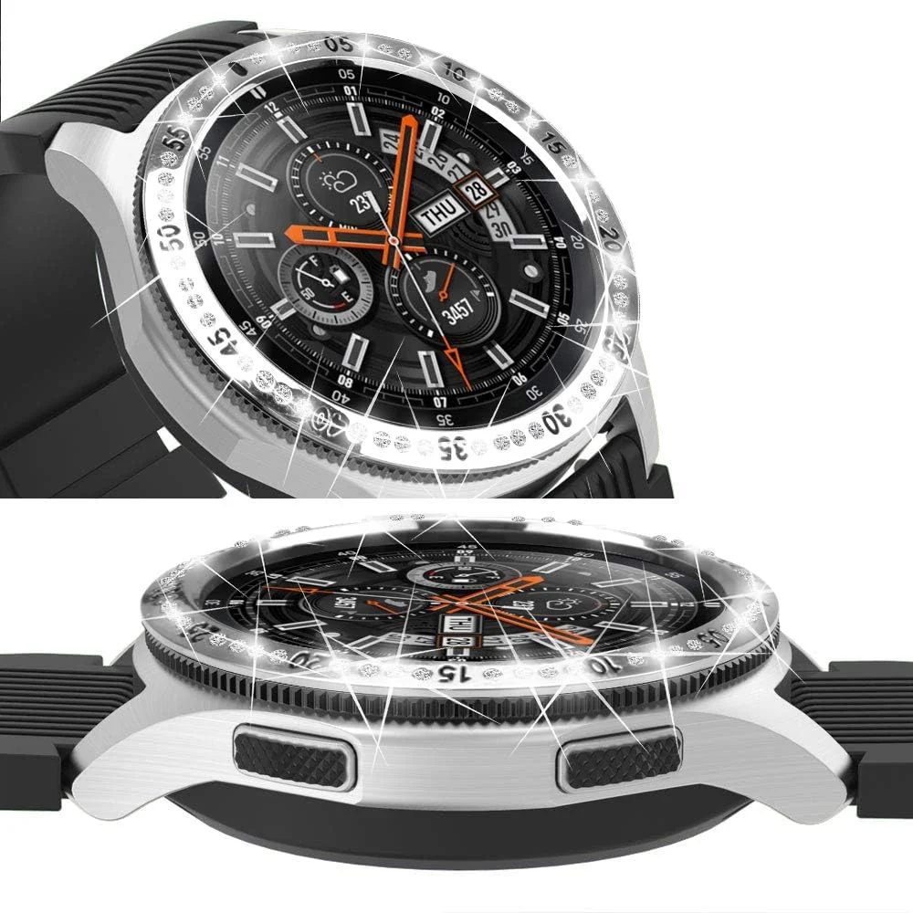DL3 Mobilak Bezel Ring Compatible Samsung Galaxy Watch 4 Classic 46mm/Galaxy Watch 46mm/Gear S3 Frontier&Classic/Galaxy Watch3 45mm Bling Inlay Crystal Metal Bezel Ring Protection Cover - Silver