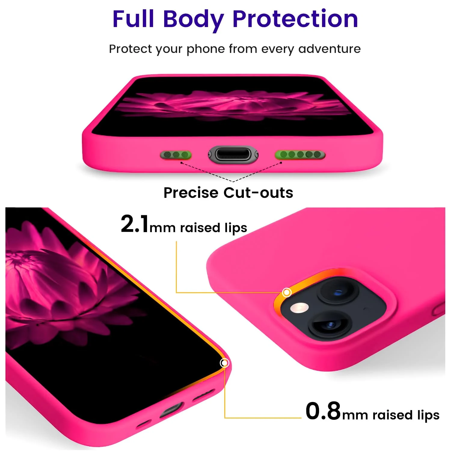 DL3 Mobilak Liquid Silicone Protective Case for iPhone 13 / iPhone 14 with Camera Protection and Microfiber Lining - Neon Pink