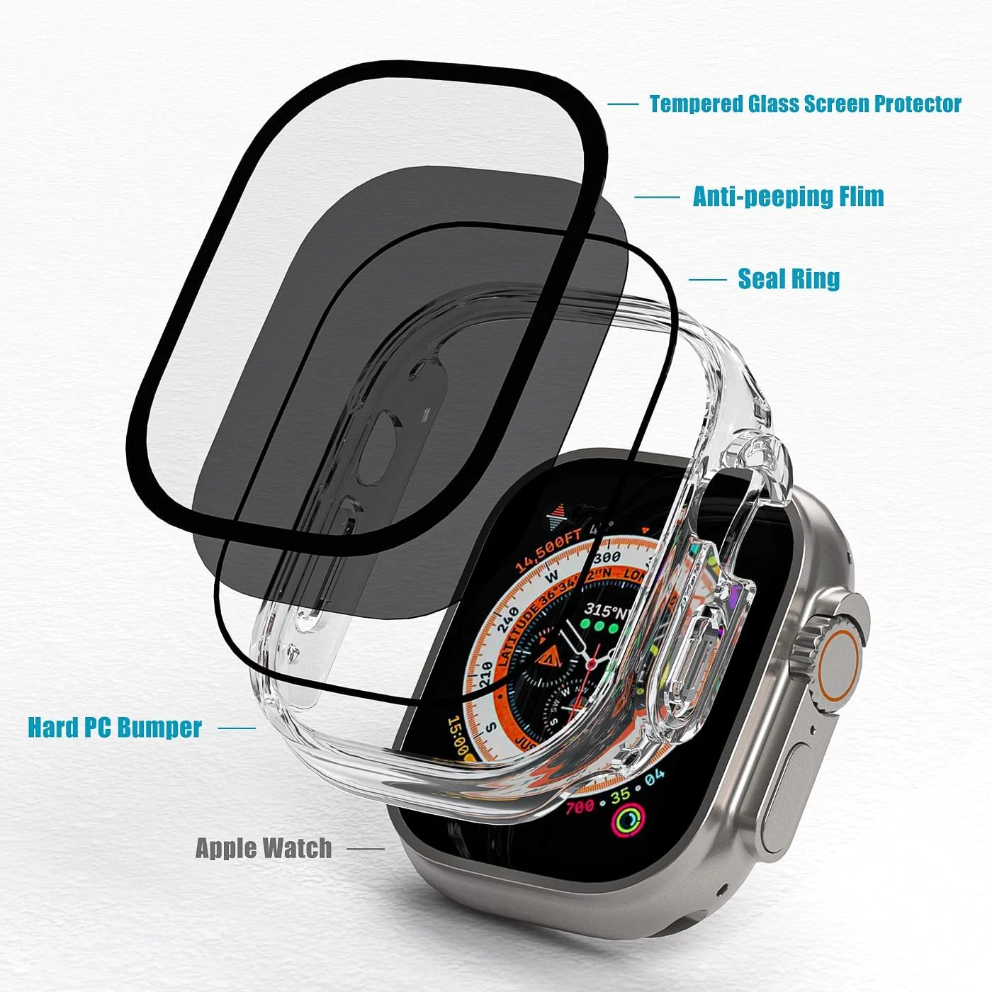 DL3 Mobilak Cover for Apple Watch Ultra 3/2/1 49mm Privacy Screen Protector Anti Spy, Shockproof Bumper Case, Integrated Hard PC Protective Case in HD Tempered Glass for Apple Watch Ultra - Clear