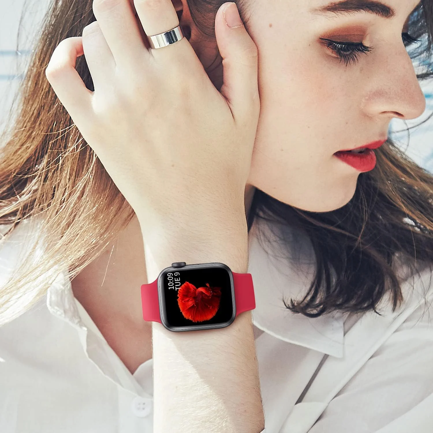 DL3 Mobilak Sport Band For Apple Watch Ultra 49mm 46mm 45mm 44mm 42mm, Soft Silicone Wristband Replacement Strap with Classic Clasp for iWatch Series 11 10 9 8 7 6 5 4 SE SE2 Ultra 3 2 1 for Women Men - Red, Unisex-adult