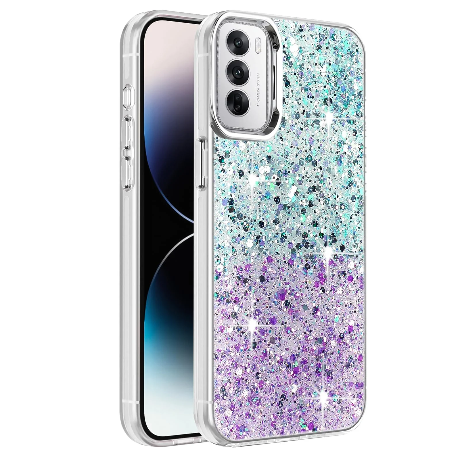 DL3 Mobilak Glitter Protective Case with Camera Protection for OPPO Reno 12 5G - Green Purple