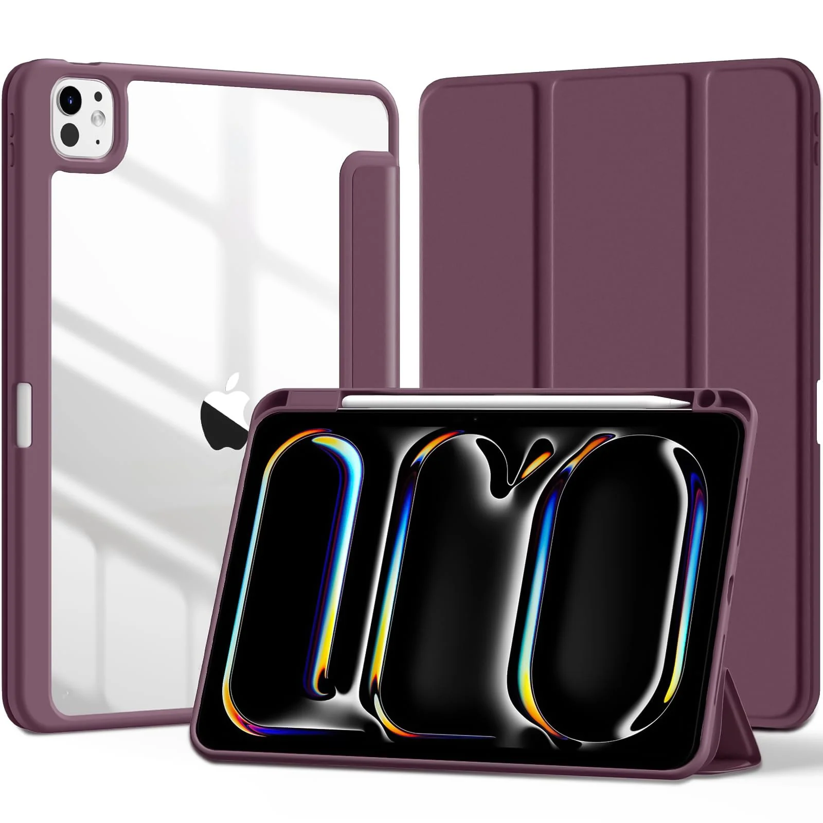 DL3 Mobilak Case for iPad Pro 11-Inch M4 2024 (5th Generation) with Pencil Holder, Clear Transparent Back Shell Slim Stand Shockproof Tablet Cover, Auto Wake/Sleep - Wine Red