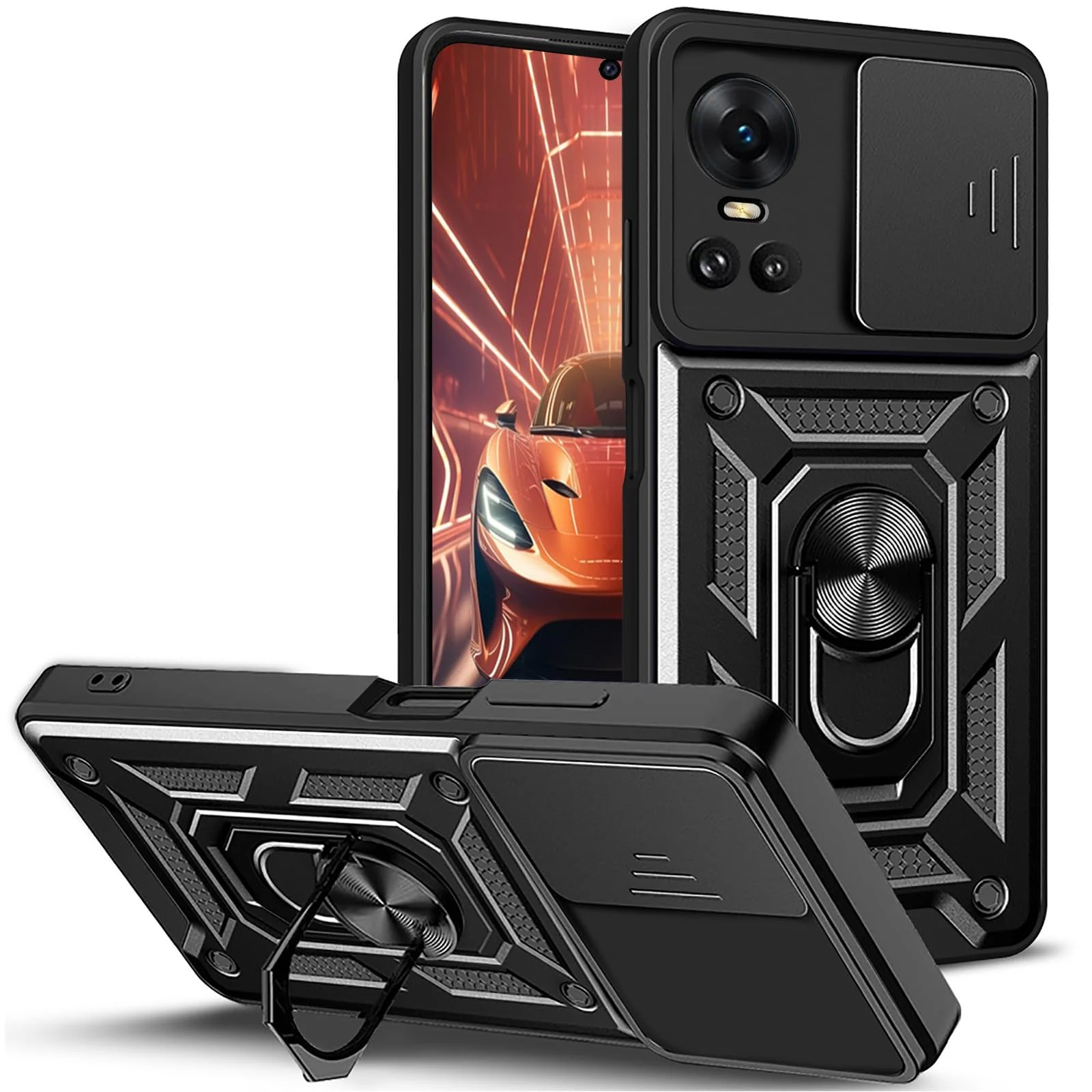 DL3 Mobilak Magnetic Car-Mount Case for OPPO Reno 10 5G / OPPO Reno 10 Pro 5G with Camera Protection and Built-In Kickstand - Black