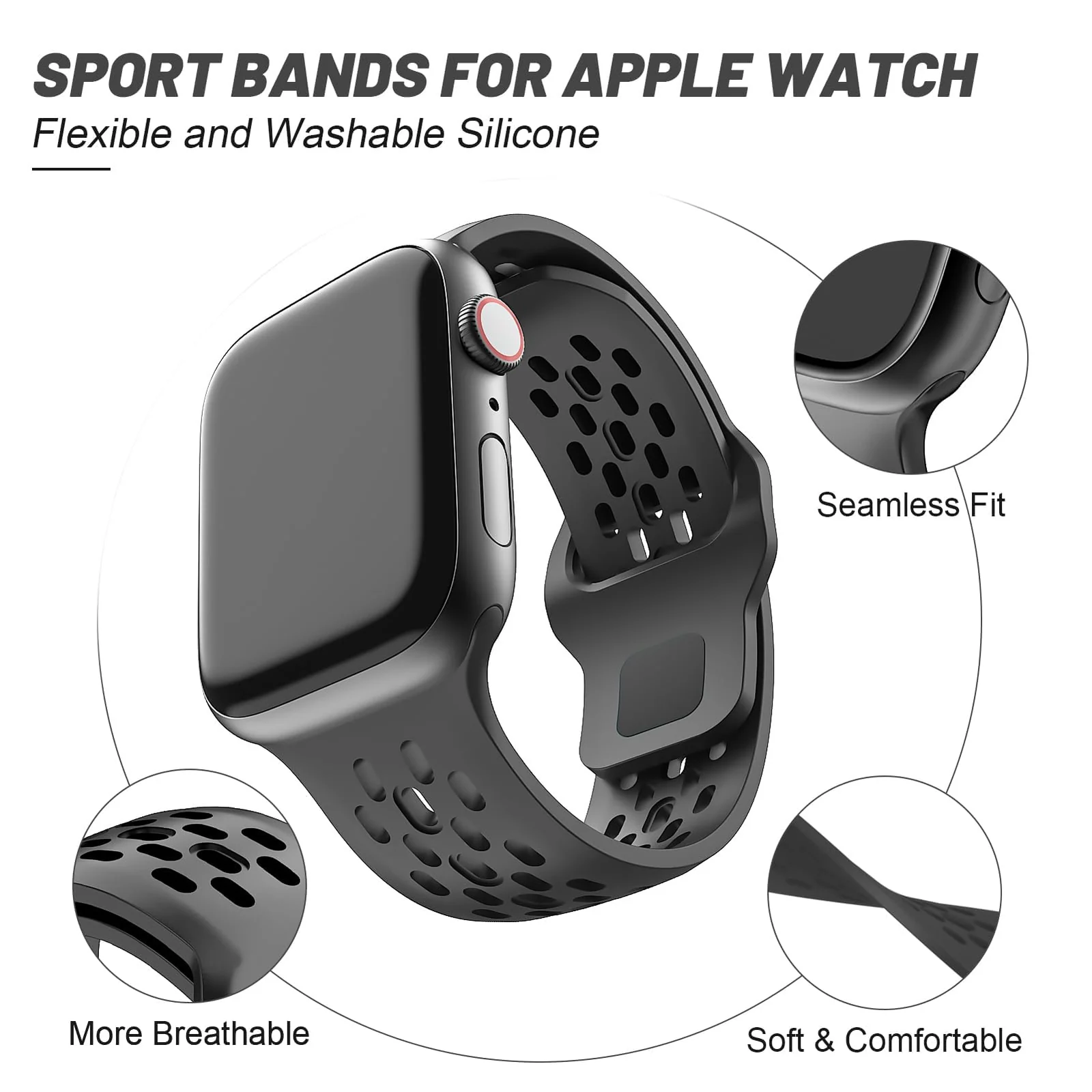 DL3 Mobilak Breathable Sport Band Compatible with Apple Watch 49mm 46mm 45mm 44mm 42mm, Soft Silicone Replacement Strap for iWatch Series 11 10 9 8 7 6 5 4 SE3 SE2 SE Ultra 3 2 1 - Black